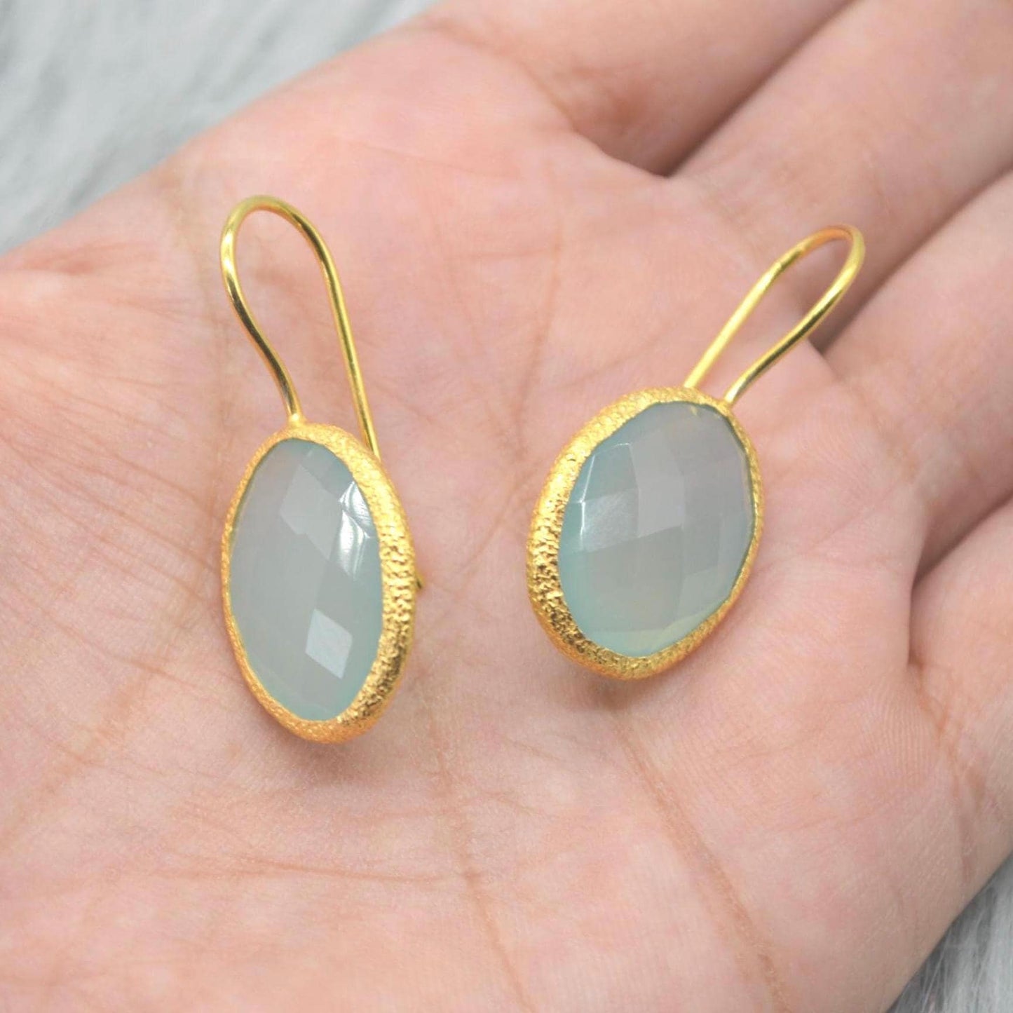 Aqua Chalcedony Gold Earrings: Dangle Drop, Sterling Silver, Oval Blue Gemstone Jewelry