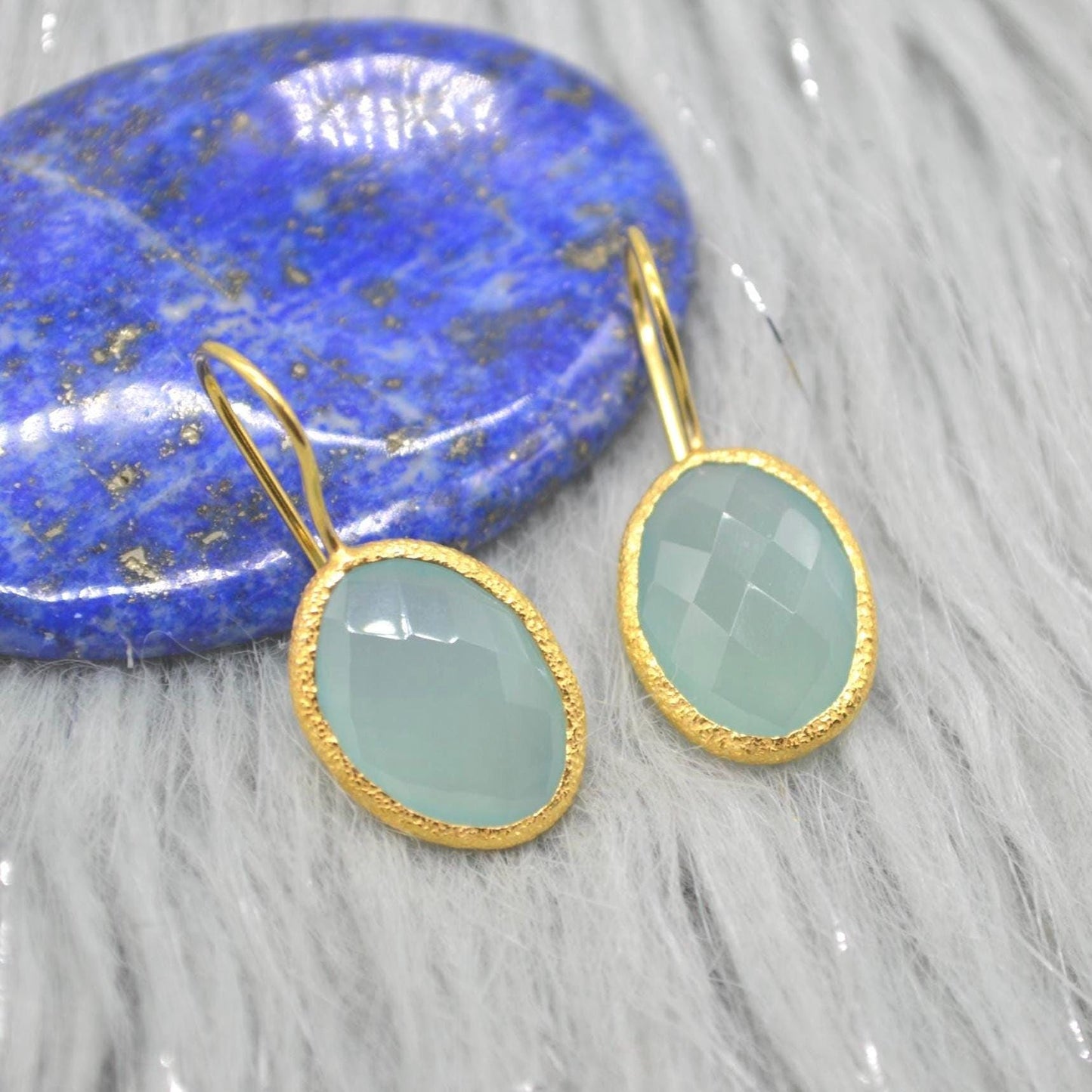 Aqua Chalcedony Gold Earrings: Dangle Drop, Sterling Silver, Oval Blue Gemstone Jewelry