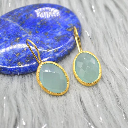 Aqua Chalcedony Gold Earrings: Dangle Drop, Sterling Silver, Oval Blue Gemstone Jewelry
