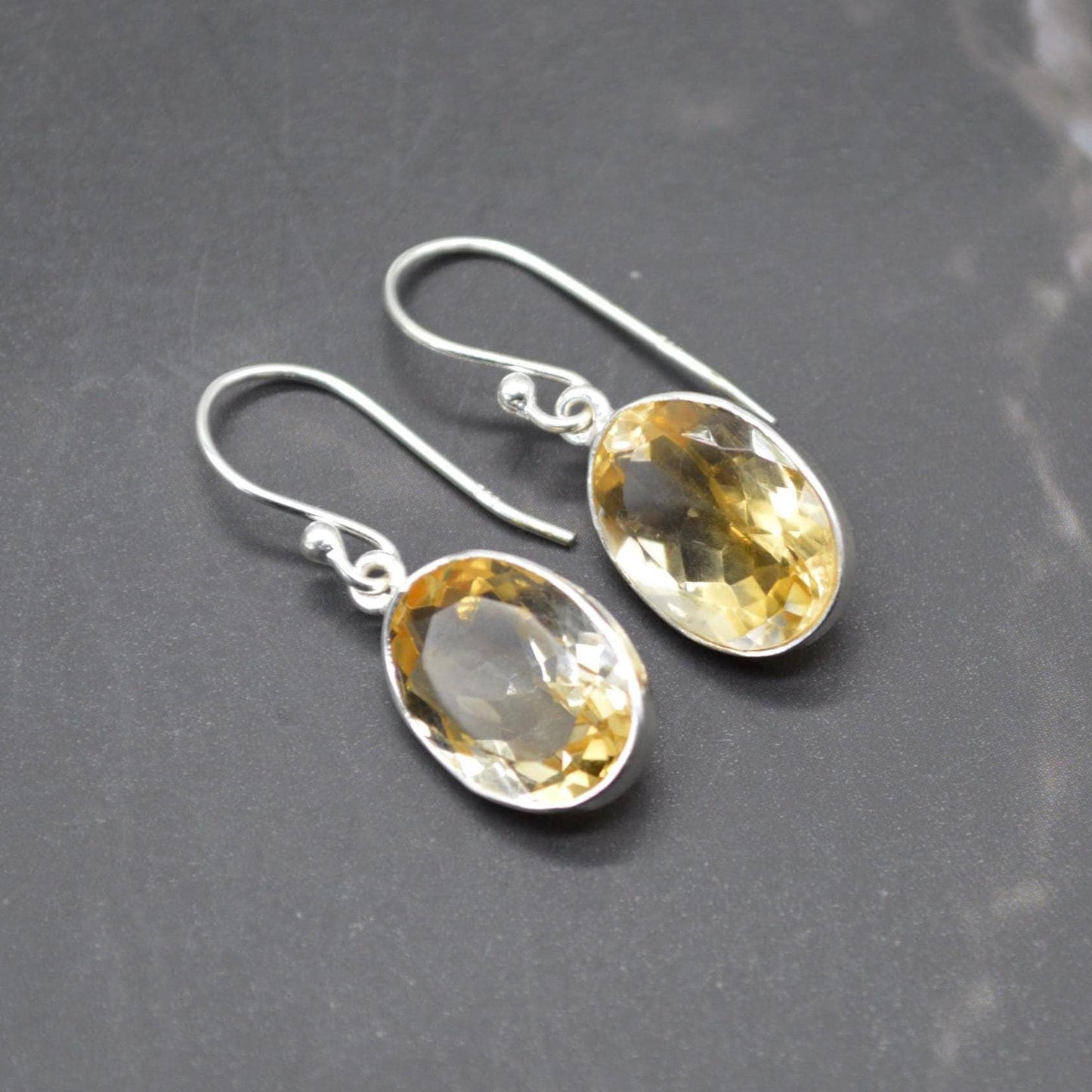 Oval Citrine Earrings: Dangle Drop, Sterling Silver, November Birthstone, Yellow Gemstone Jewelry