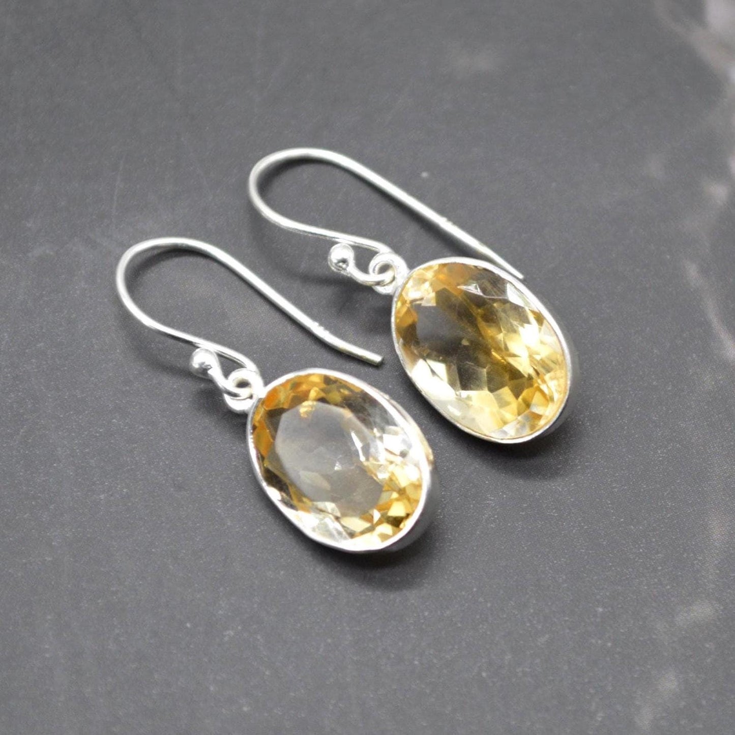 Oval Citrine Earrings: Dangle Drop, Sterling Silver, November Birthstone, Yellow Gemstone Jewelry