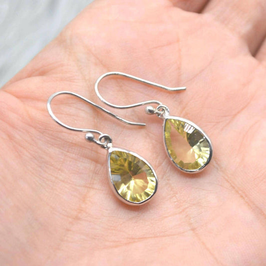 Lemon Quartz Earrings: Teardrop, Sterling Silver Dangle, Yellow Gemstone Jewelry