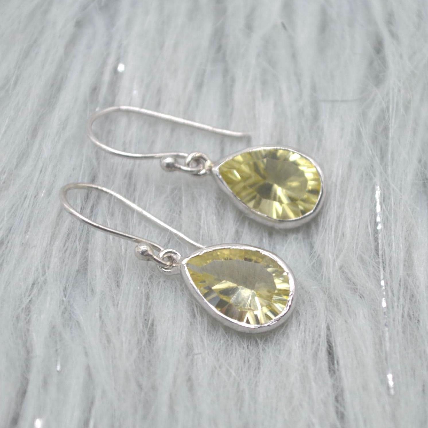 Lemon Quartz Earrings: Teardrop, Sterling Silver Dangle, Yellow Gemstone Jewelry