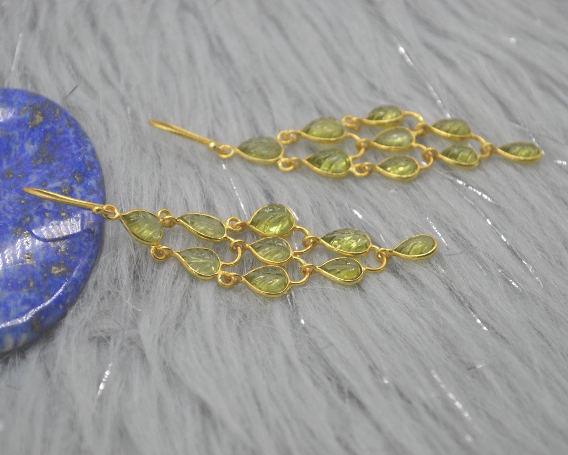 Long Peridot Earrings: Gold Plated Silver, Dangle Drop, August Birthstone, Green Gemstone Jewelry
