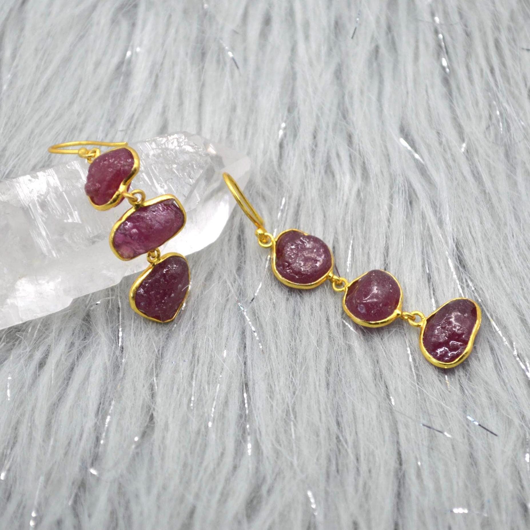 Red Raw Ruby Earrings: Gold Plated Silver, Gemstone Jewelry, July Birthstone