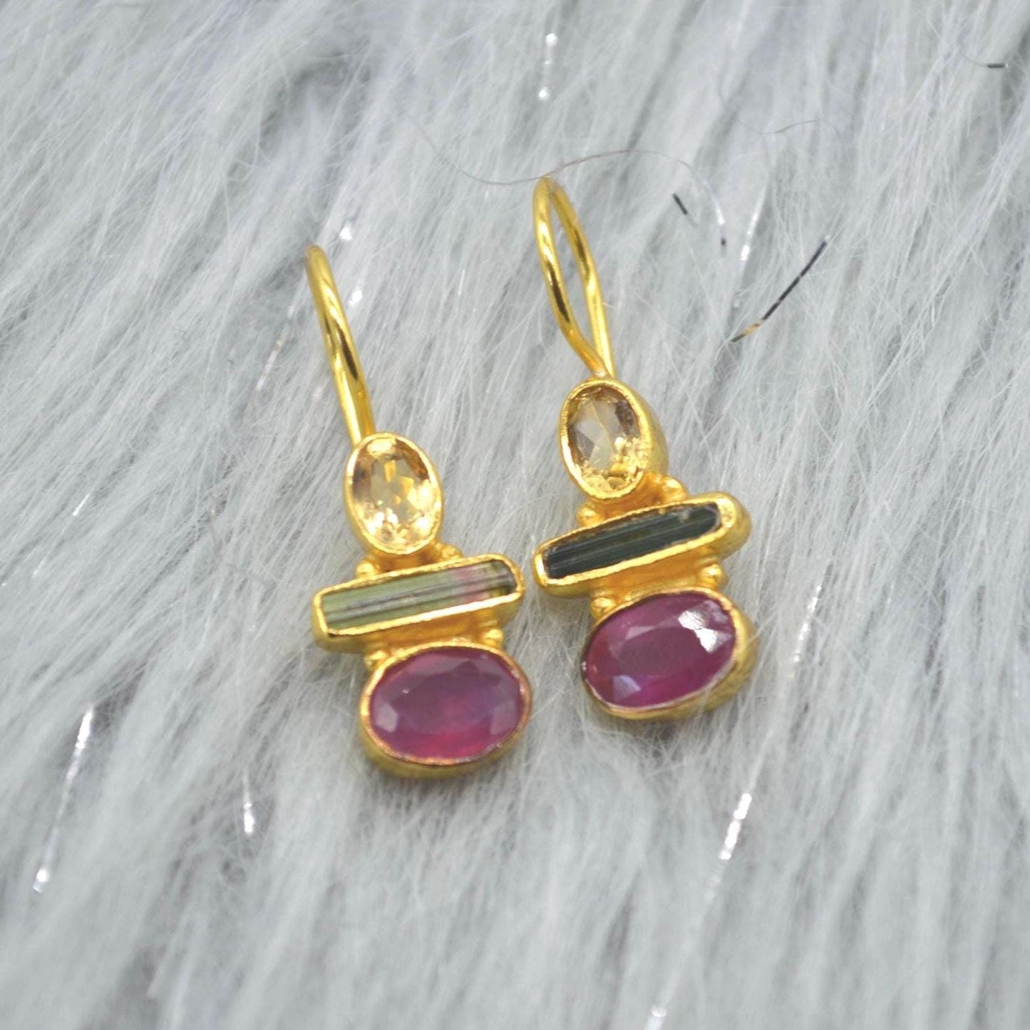 Tourmaline, Citrine, Ruby Earrings: Gold Plated Sterling Silver, Dangle Drop