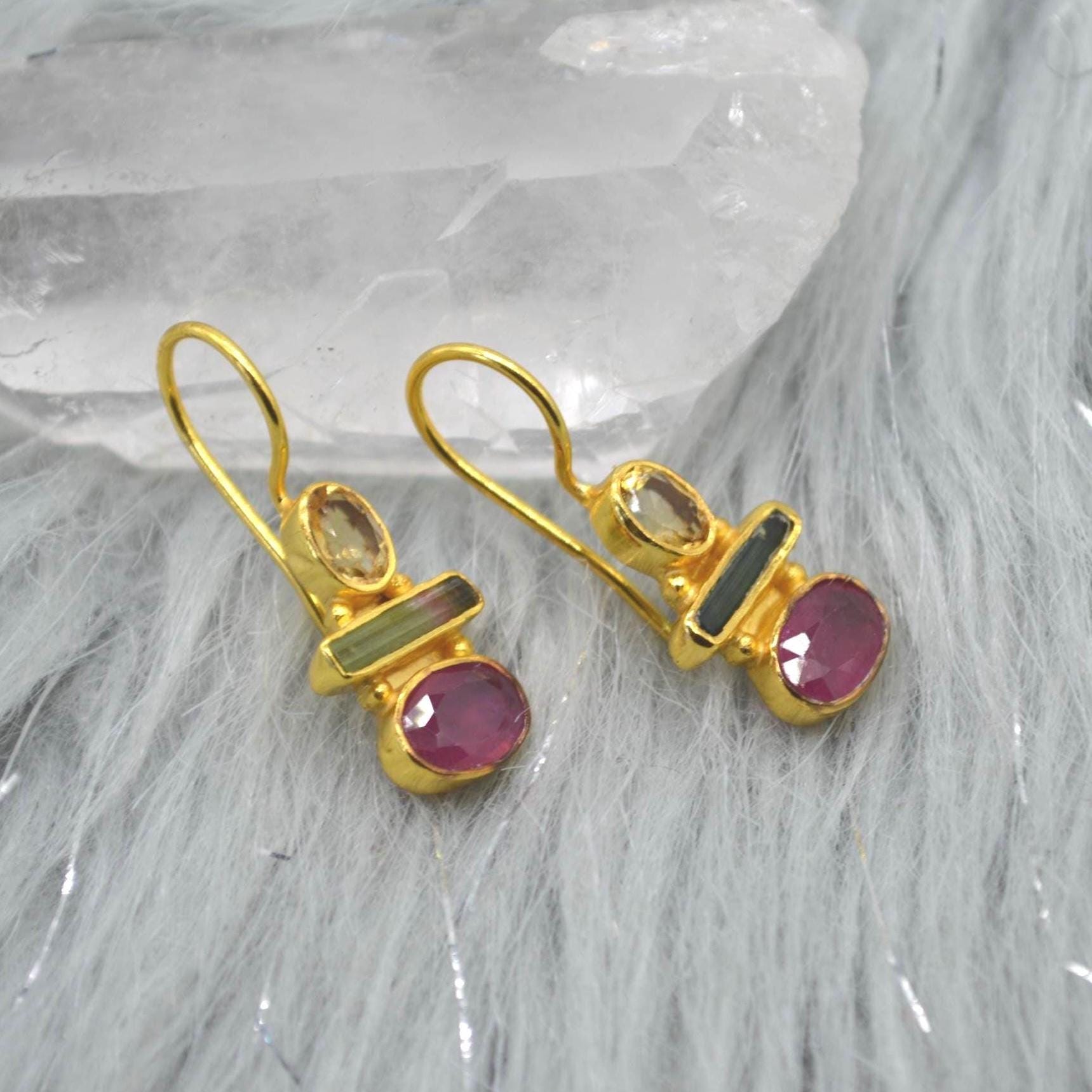 Tourmaline, Citrine, Ruby Earrings: Gold Plated Sterling Silver, Dangle Drop