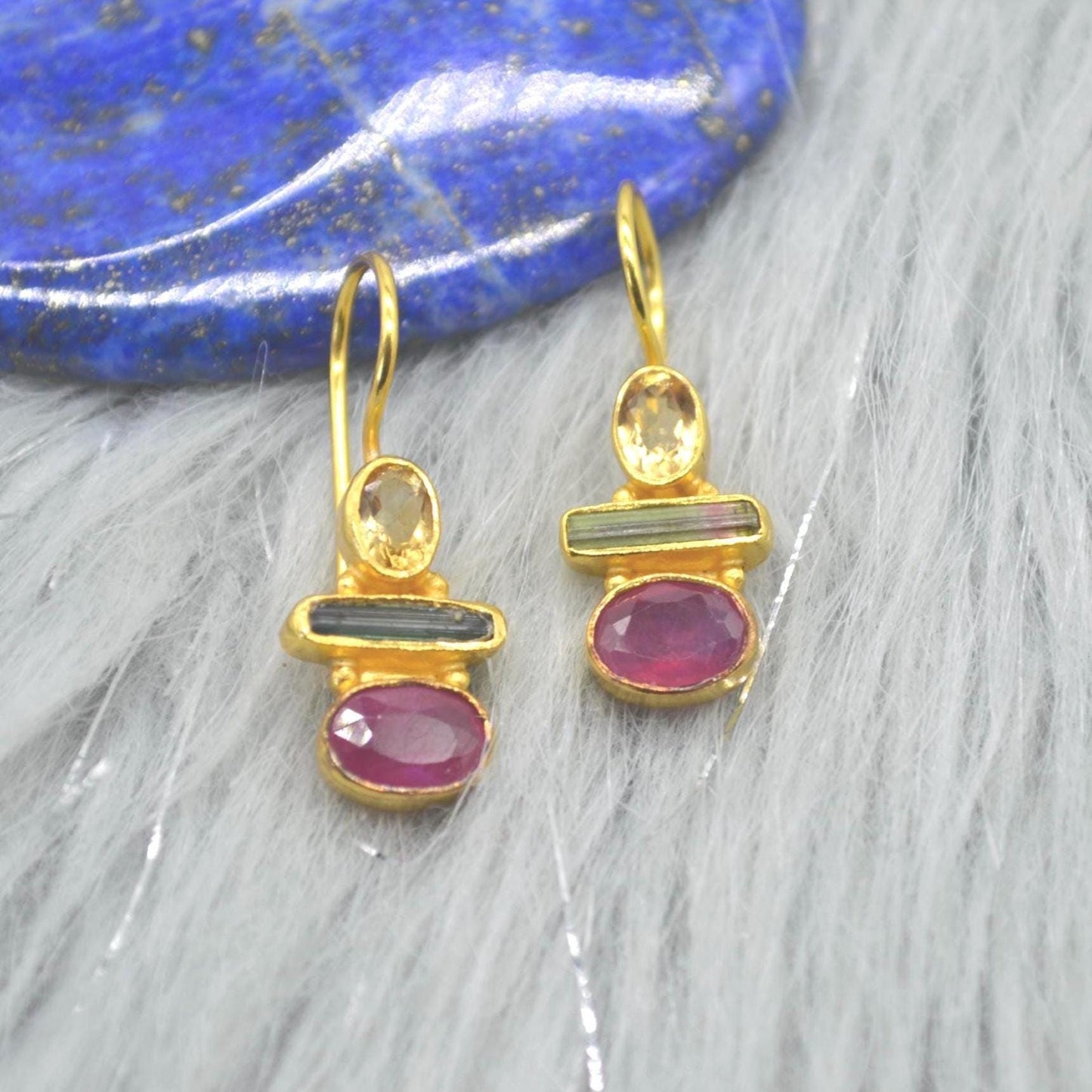 Tourmaline, Citrine, Ruby Earrings: Gold Plated Sterling Silver, Dangle Drop