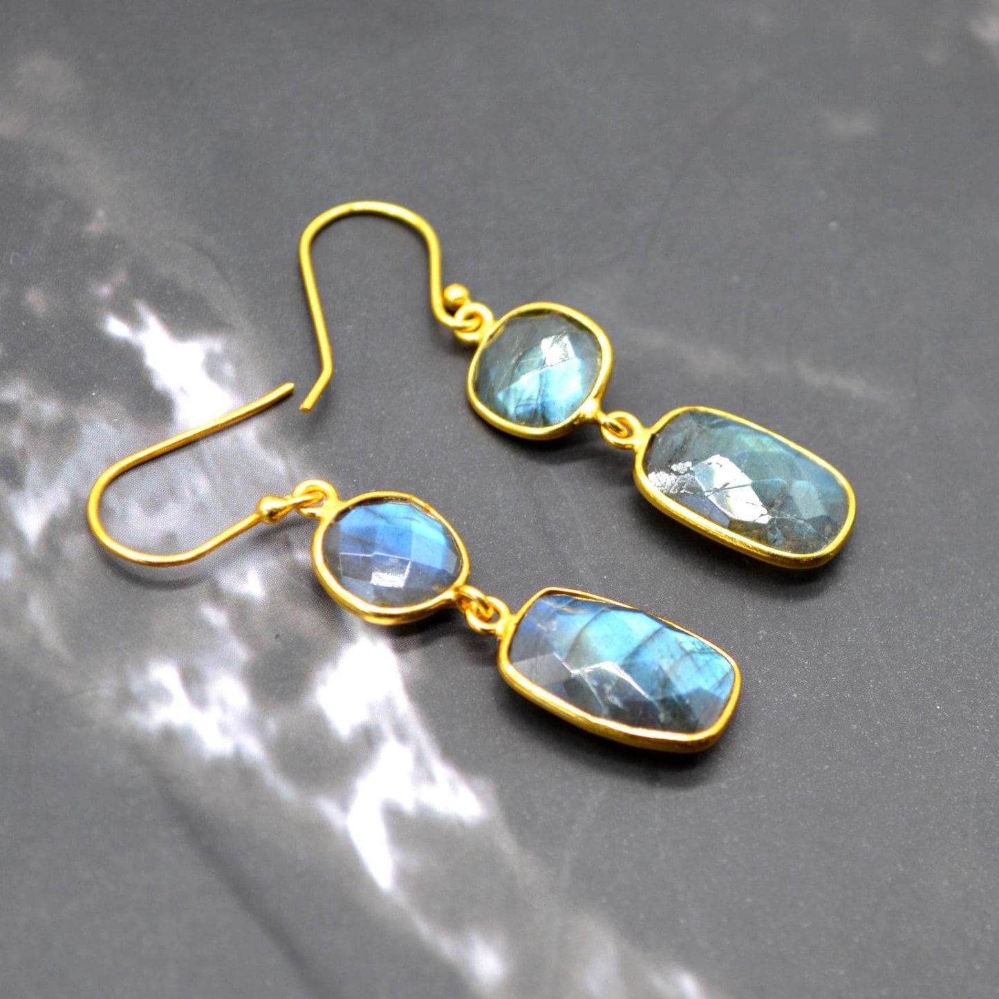 Labradorite Earrings: Gold Plated Sterling Silver, Handmade Dangle Drop