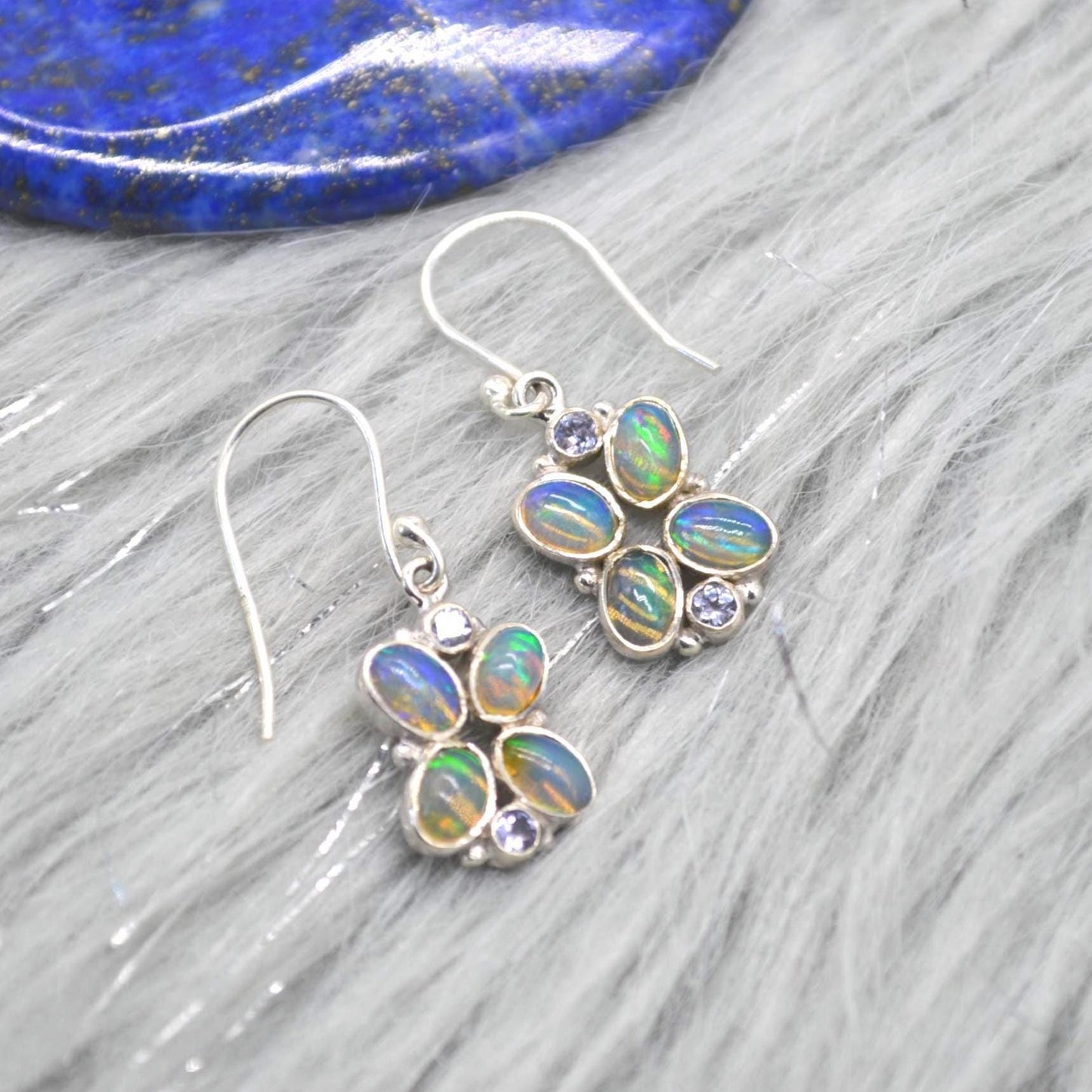 Floral Blue Opal Earrings: Silver, Cubic Zirconia, Dangle Drop, October Birthstone