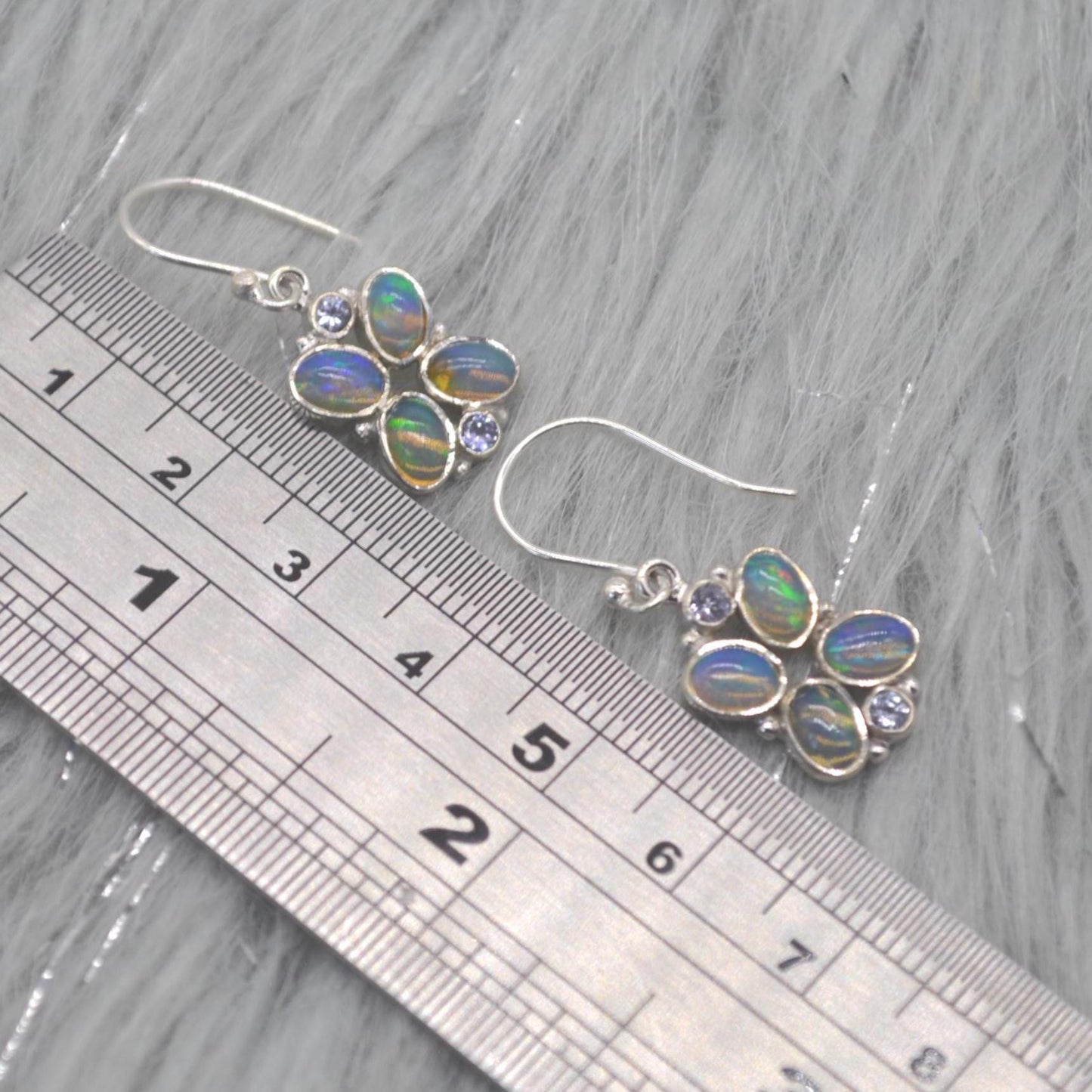 Floral Blue Opal Earrings: Silver, Cubic Zirconia, Dangle Drop, October Birthstone