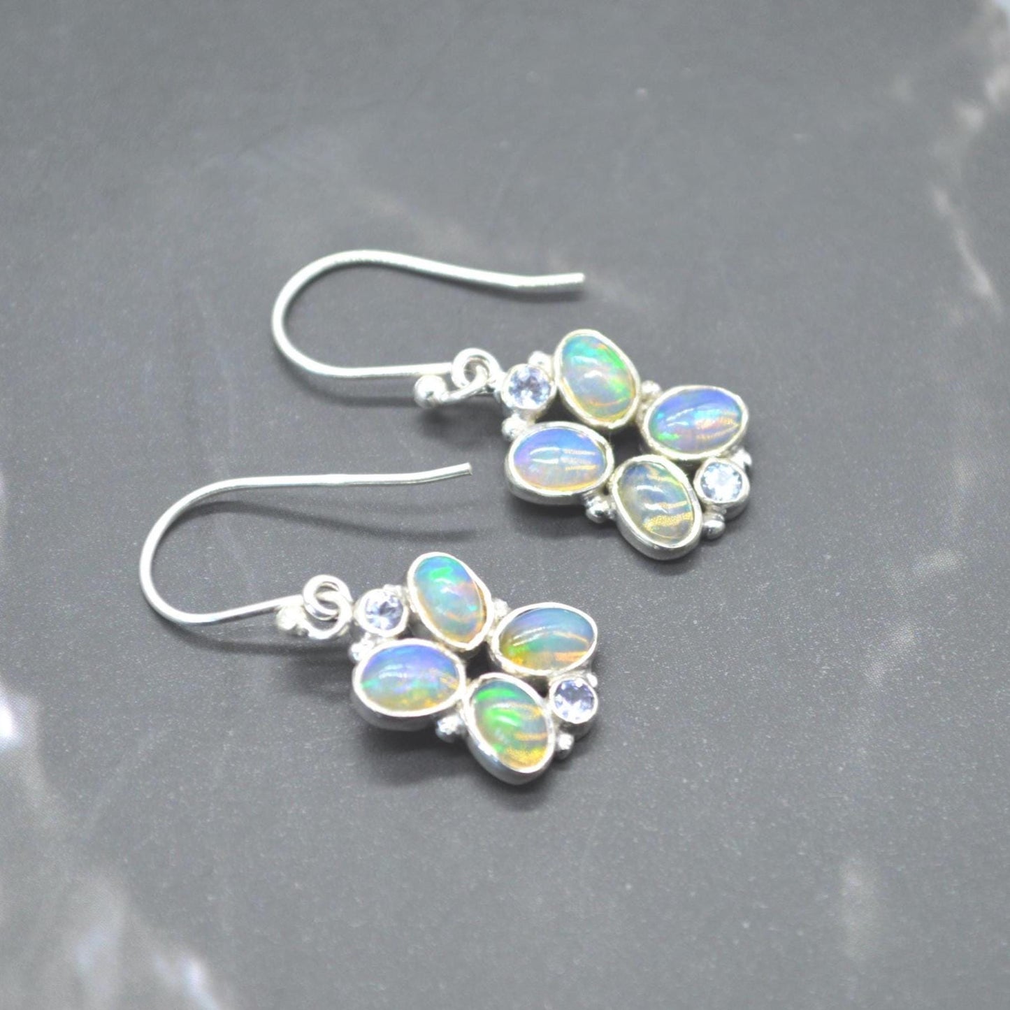 Floral Blue Opal Earrings: Silver, Cubic Zirconia, Dangle Drop, October Birthstone