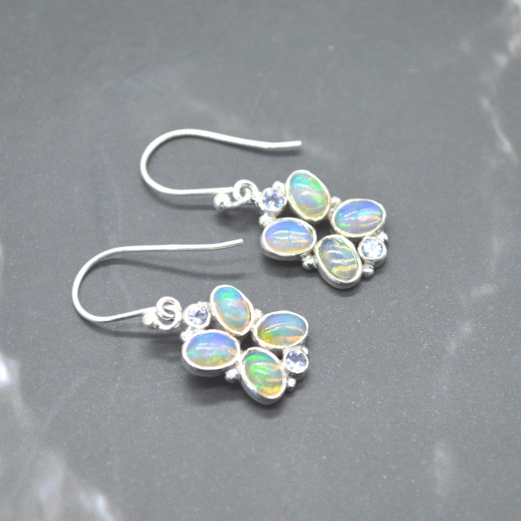 Floral Blue Opal Earrings: Silver, Cubic Zirconia, Dangle Drop, October Birthstone