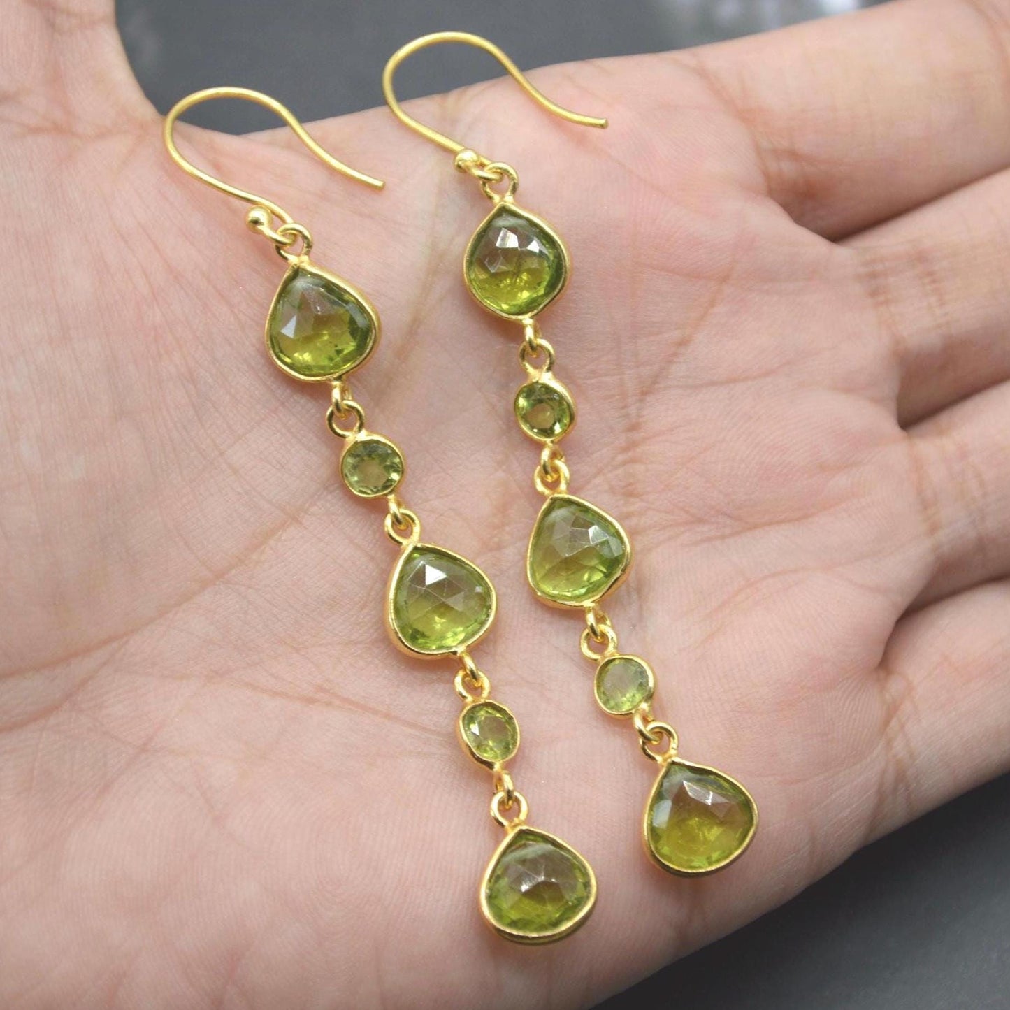 Long Green Peridot Earrings: Gold Plated Silver, Dangle Drop, Teardrop, August Birthstone