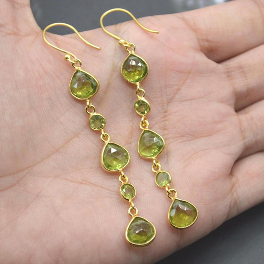 Long Green Peridot Earrings: Gold Plated Silver, Dangle Drop, Teardrop, August Birthstone