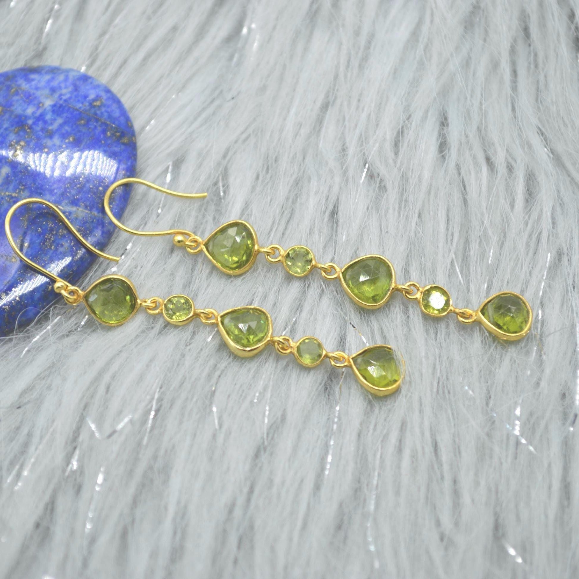 Long Green Peridot Earrings: Gold Plated Silver, Dangle Drop, Teardrop, August Birthstone