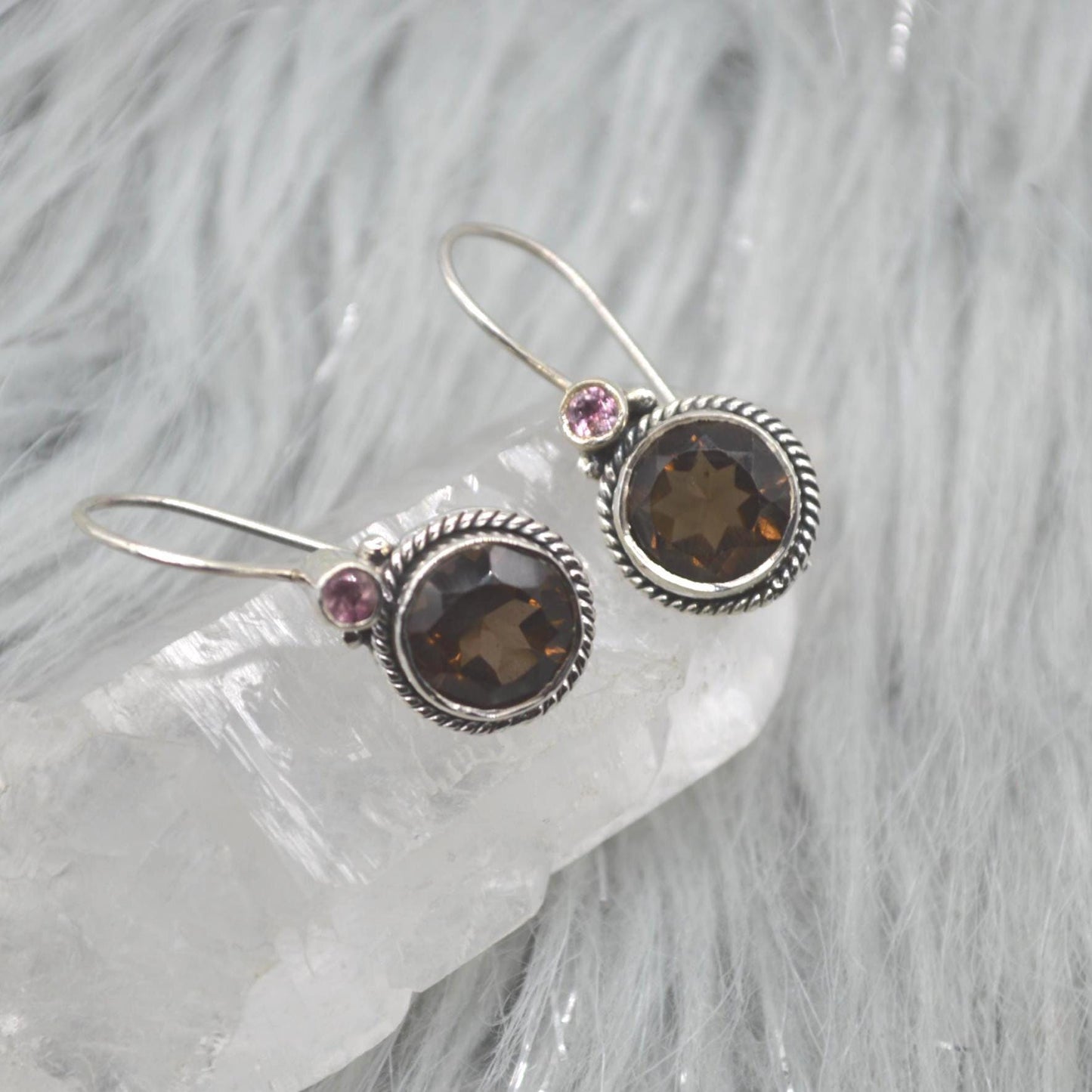 Smoky Quartz Earrings: Silver, Round Dangle, Brown Gemstone Jewelry