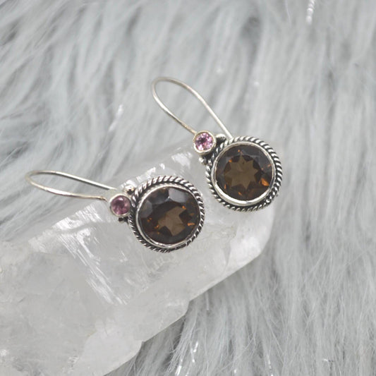 Smoky Quartz Earrings: Silver, Round Dangle, Brown Gemstone Jewelry