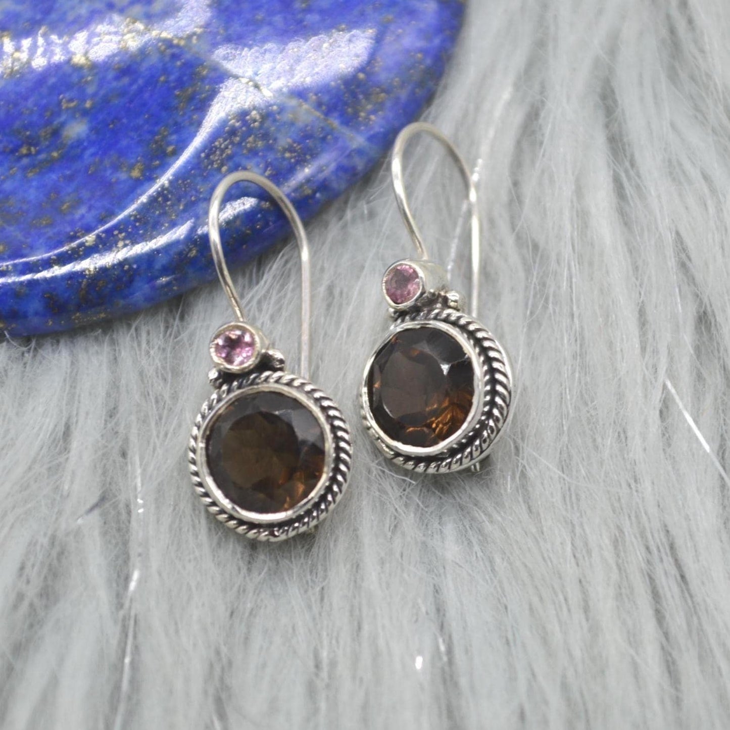 Smoky Quartz Earrings: Silver, Round Dangle, Brown Gemstone Jewelry