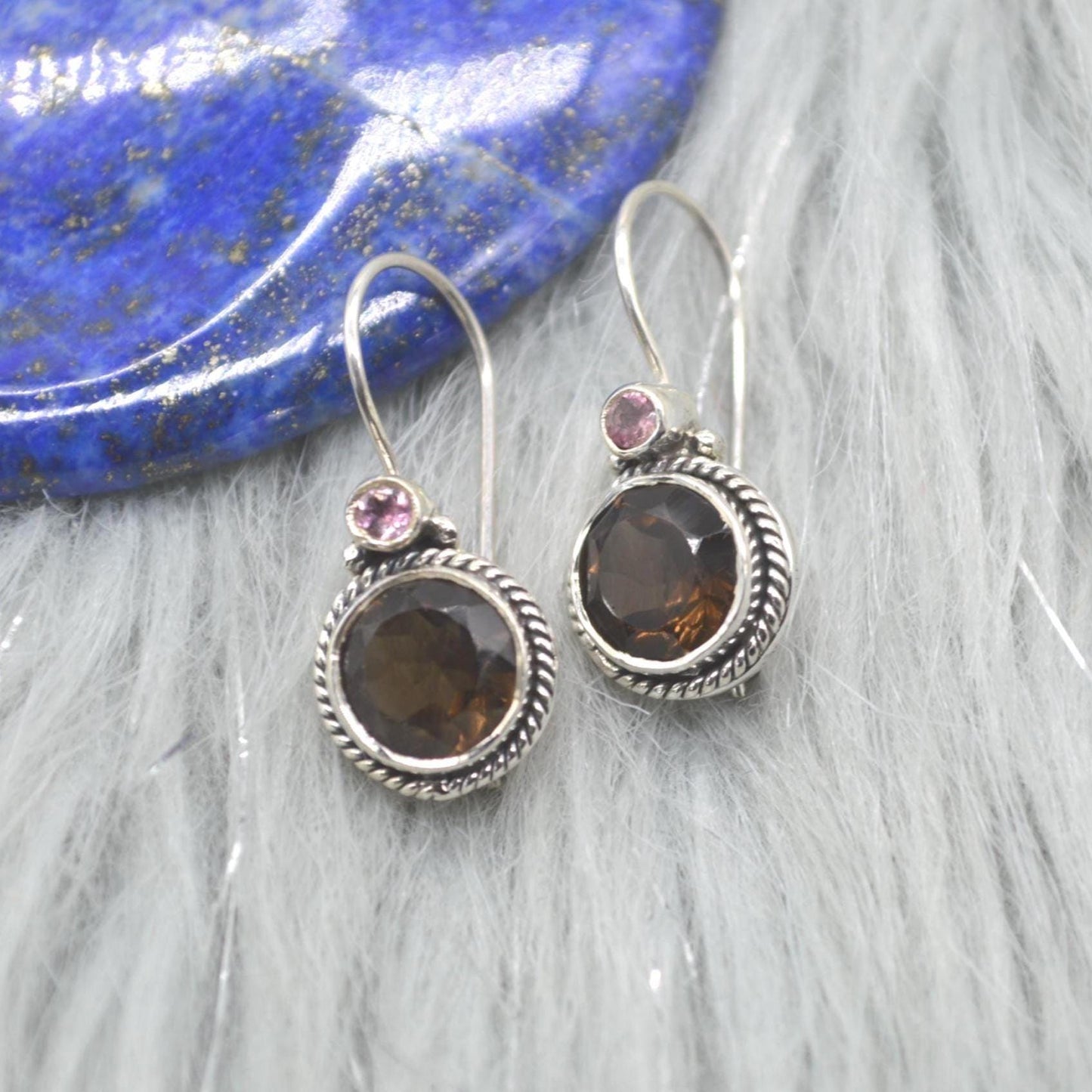 Smoky Quartz Earrings: Silver, Round Dangle, Brown Gemstone Jewelry
