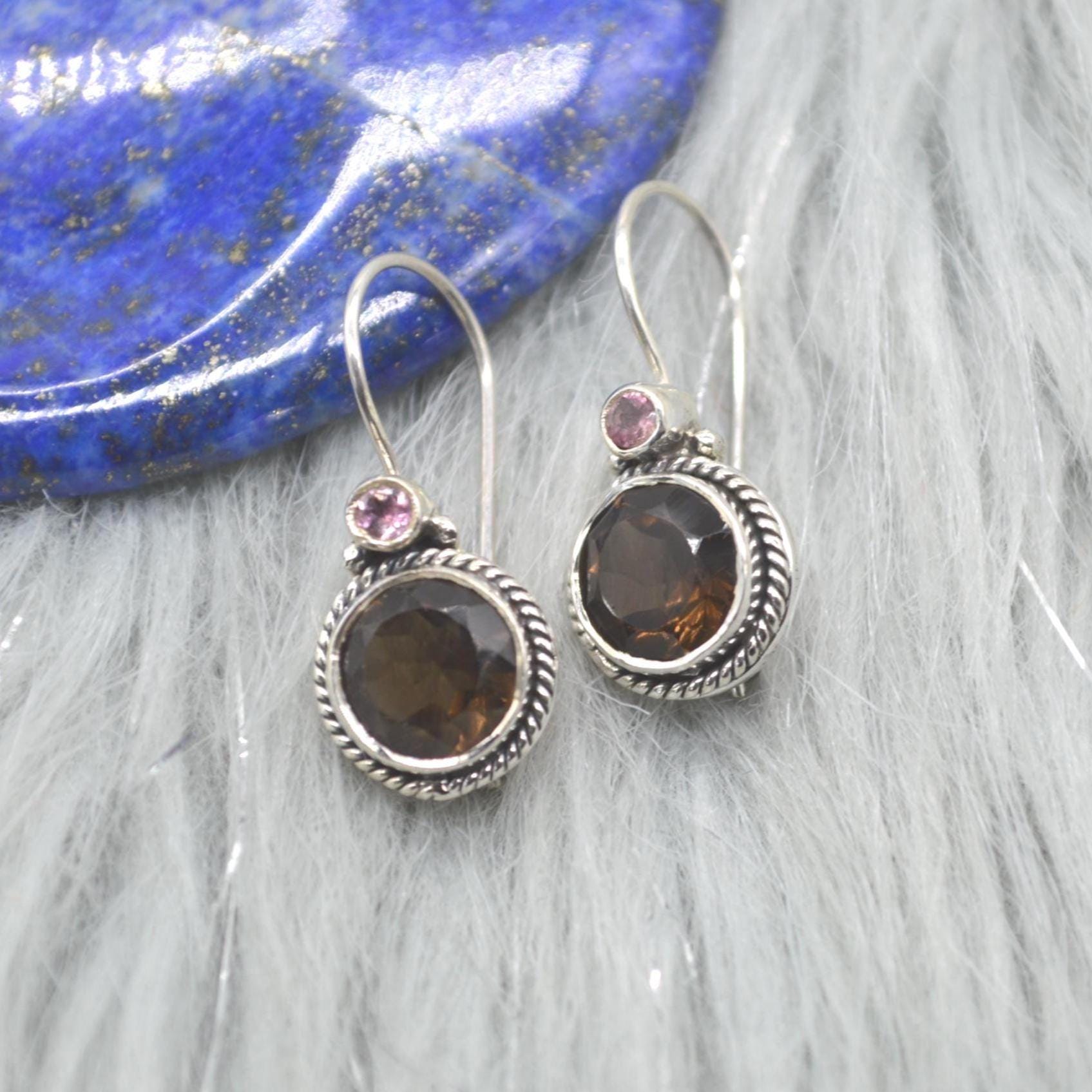 Smoky Quartz Earrings: Silver, Round Dangle, Brown Gemstone Jewelry