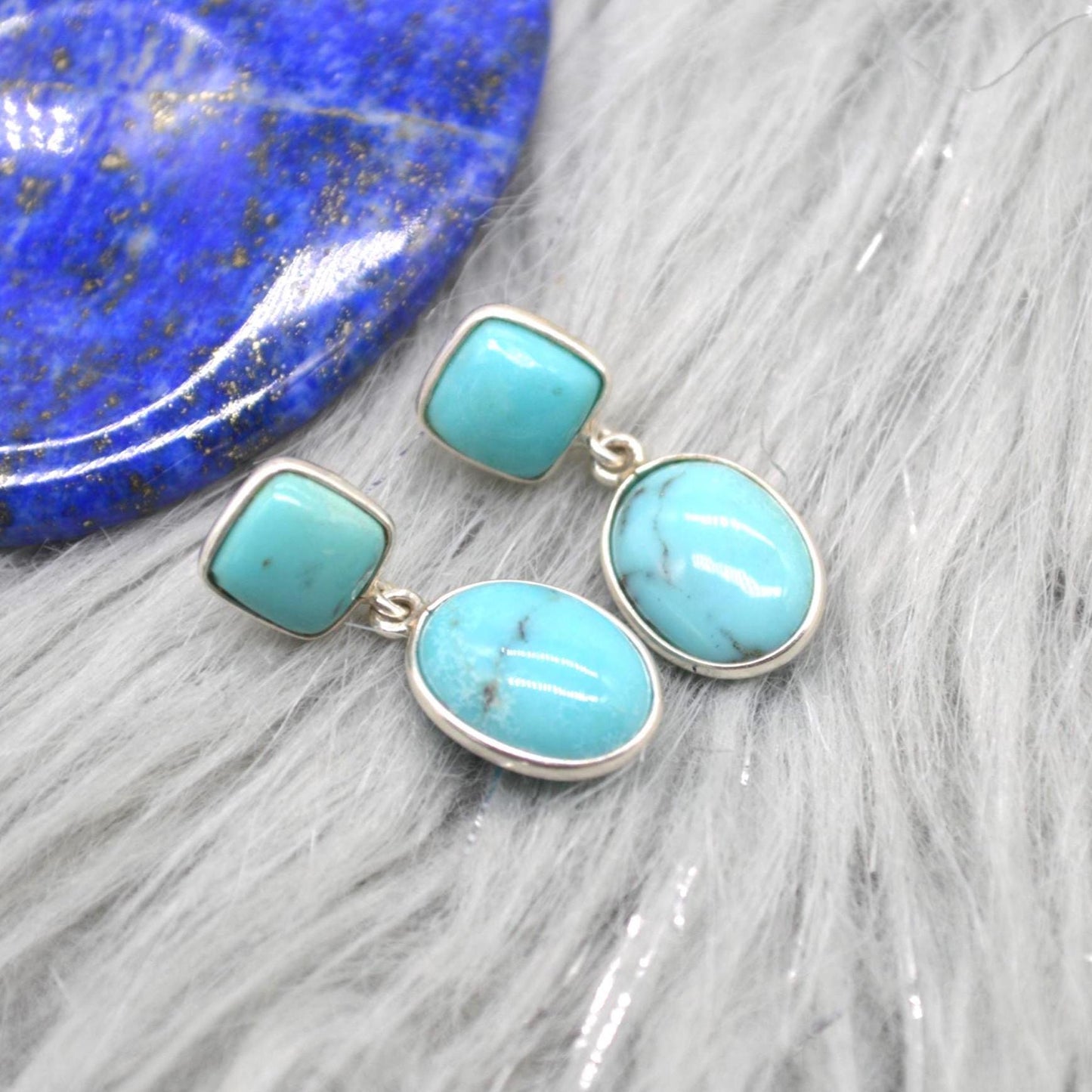 Turquoise Earrings: Silver, Oval Drop, December Birthstone, Boho, Blue Gemstone Jewelry