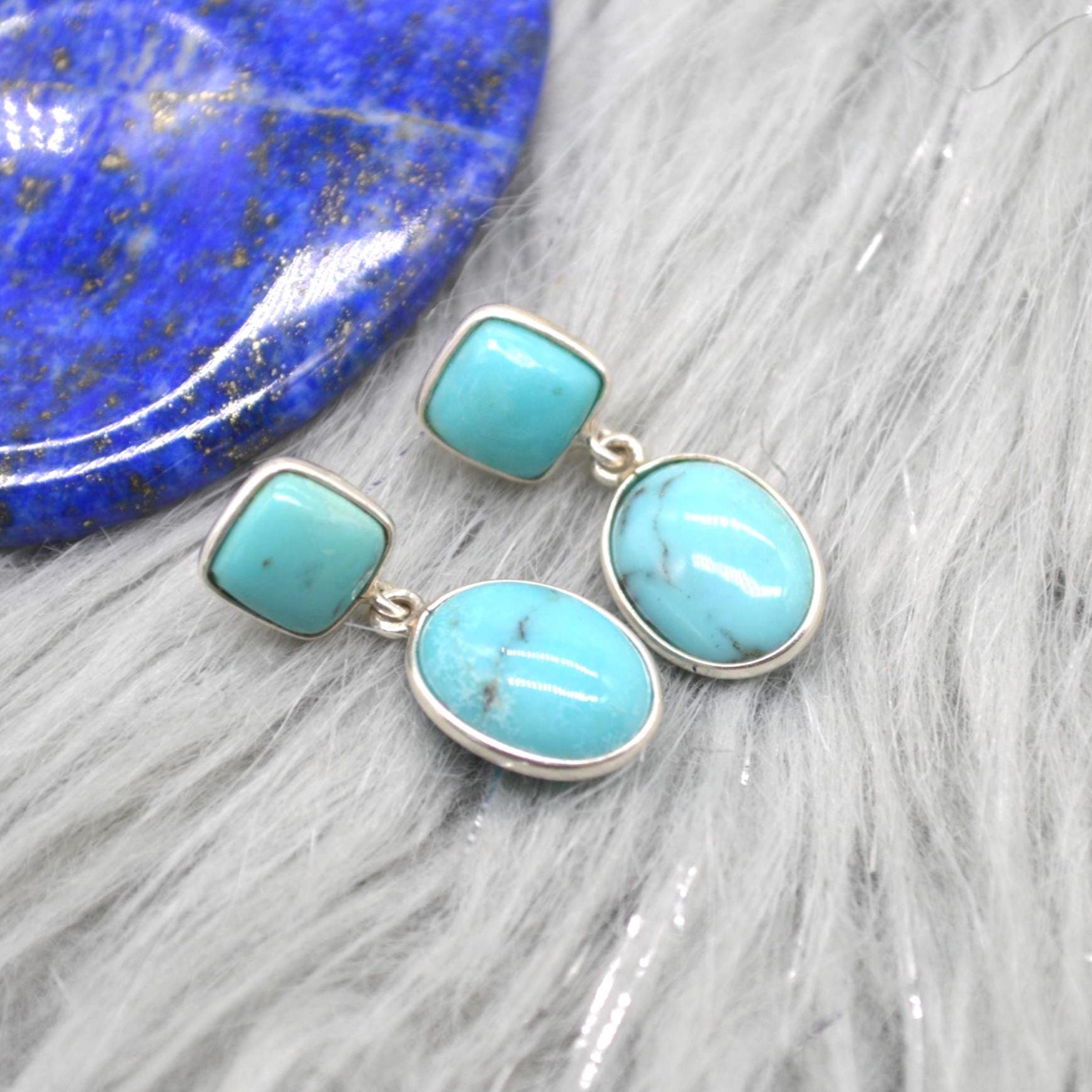 Turquoise Earrings: Silver, Oval Drop, December Birthstone, Boho, Blue Gemstone Jewelry