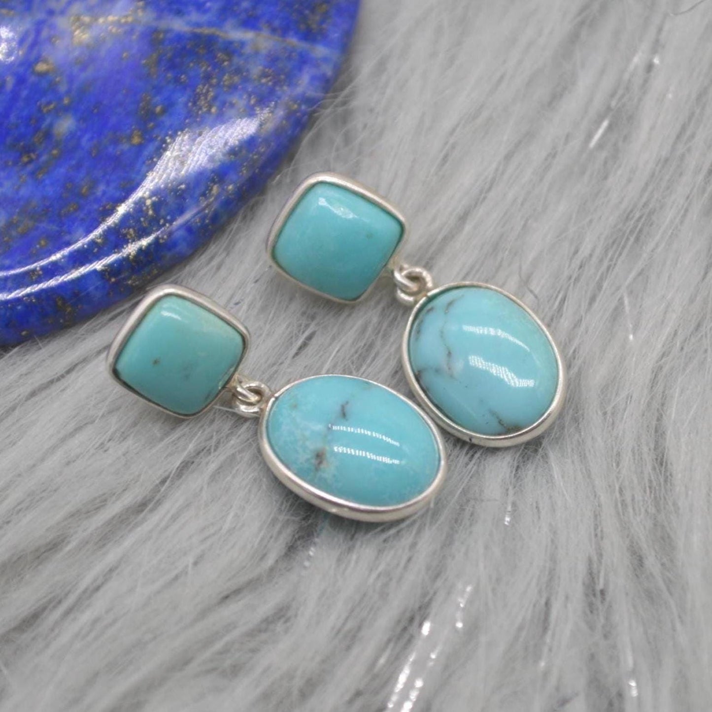 Turquoise Earrings: Silver, Oval Drop, December Birthstone, Boho, Blue Gemstone Jewelry