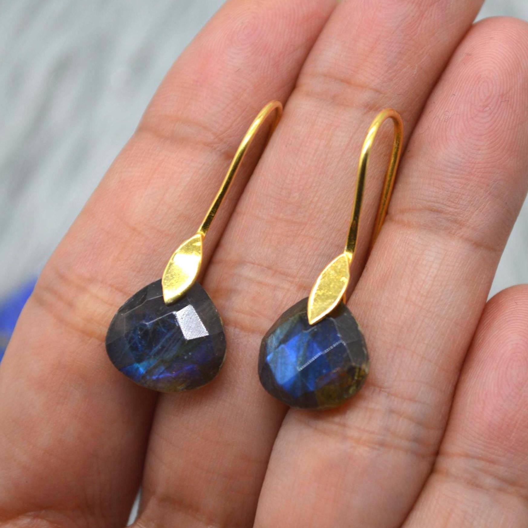 Moonstone or Labradorite Gold Earrings: Sterling Silver, Teardrop, Dangle Drop