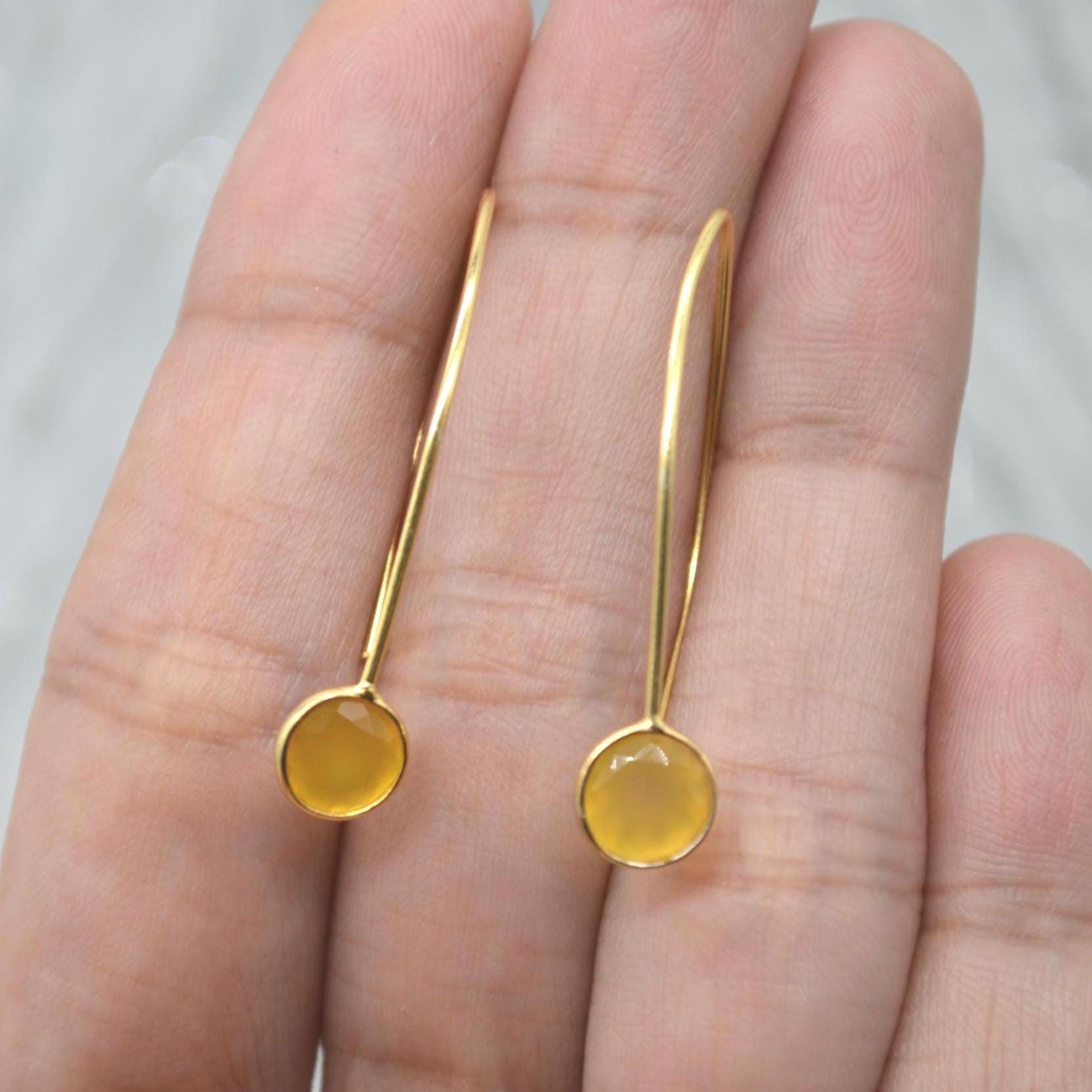 Chalcedony Earings: Gold Plated Silver, Pink, Orange, Yellow or Blue, Dangle Drop