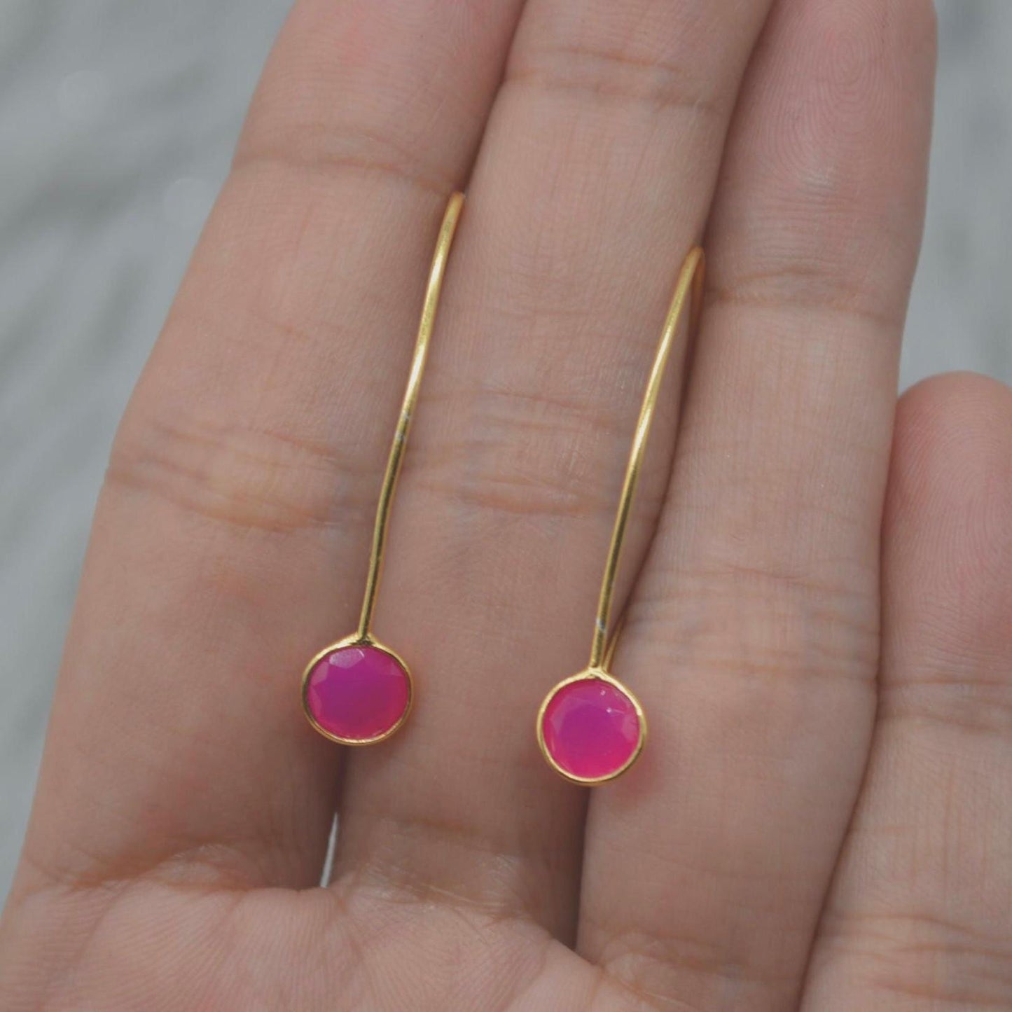 Chalcedony Earings: Gold Plated Silver, Pink, Orange, Yellow or Blue, Dangle Drop