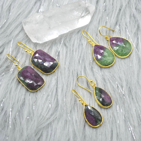 Ruby Zoisite Earrings: Gold Plated Silver, Anyolite, Teardrop or Rectangular Dangle Drop