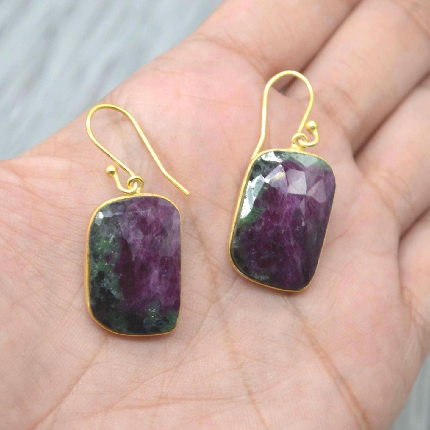 Ruby Zoisite Earrings: Gold Plated Silver, Anyolite, Teardrop or Rectangular Dangle Drop