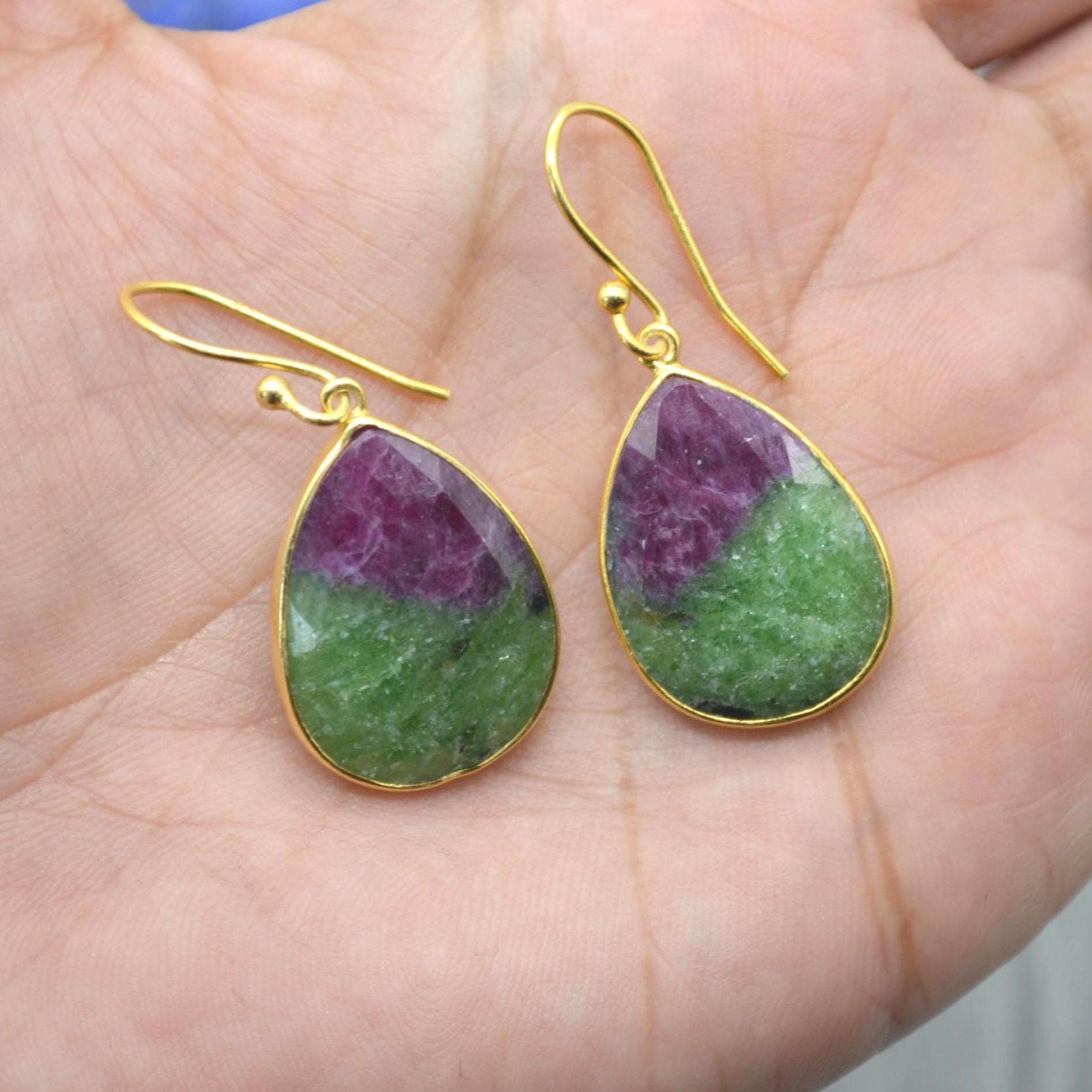 Ruby Zoisite Earrings: Gold Plated Silver, Anyolite, Teardrop or Rectangular Dangle Drop