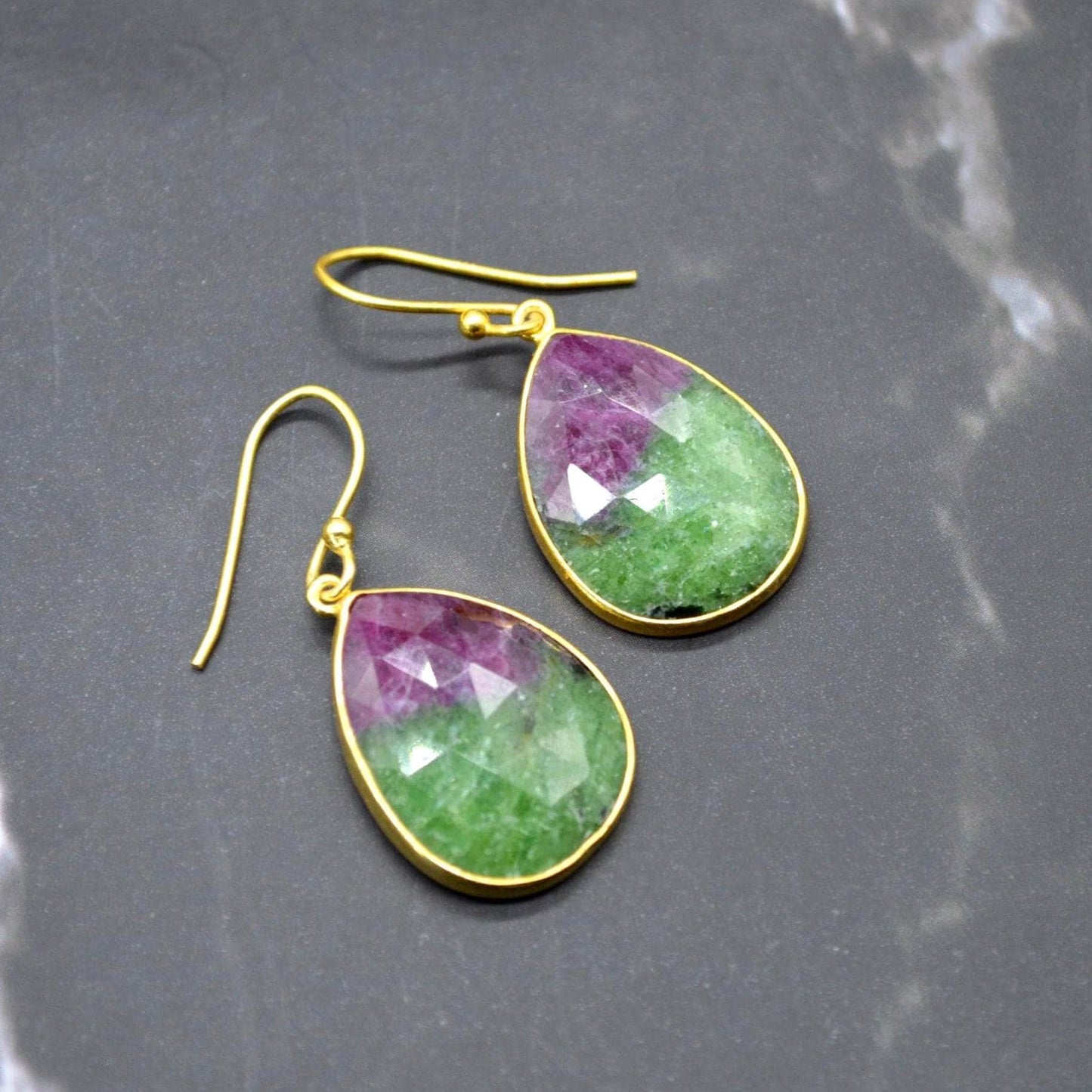 Ruby Zoisite Earrings: Gold Plated Silver, Anyolite, Teardrop or Rectangular Dangle Drop