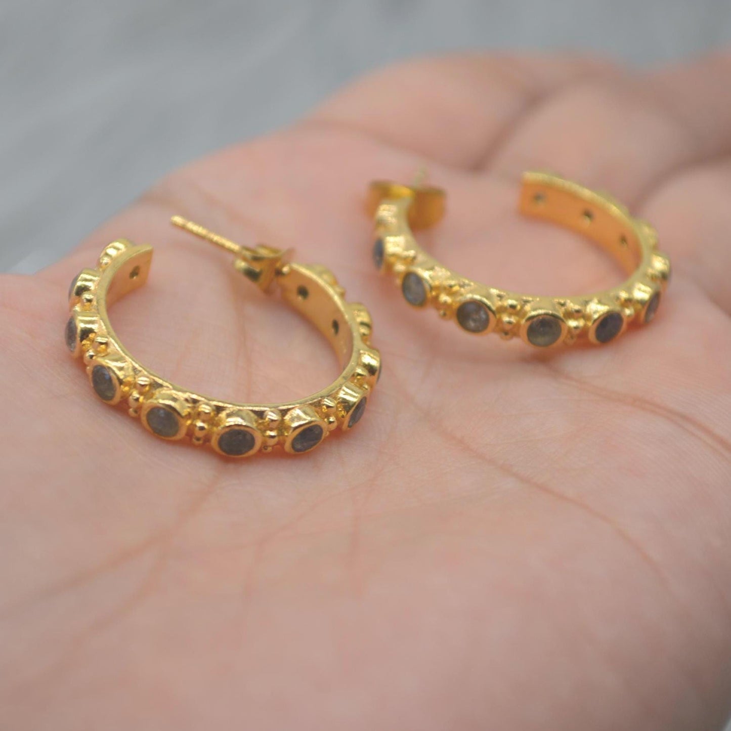 Labradorite Hoop Earrings: Silver or Gold, Blue Grey Gemstone Jewelry
