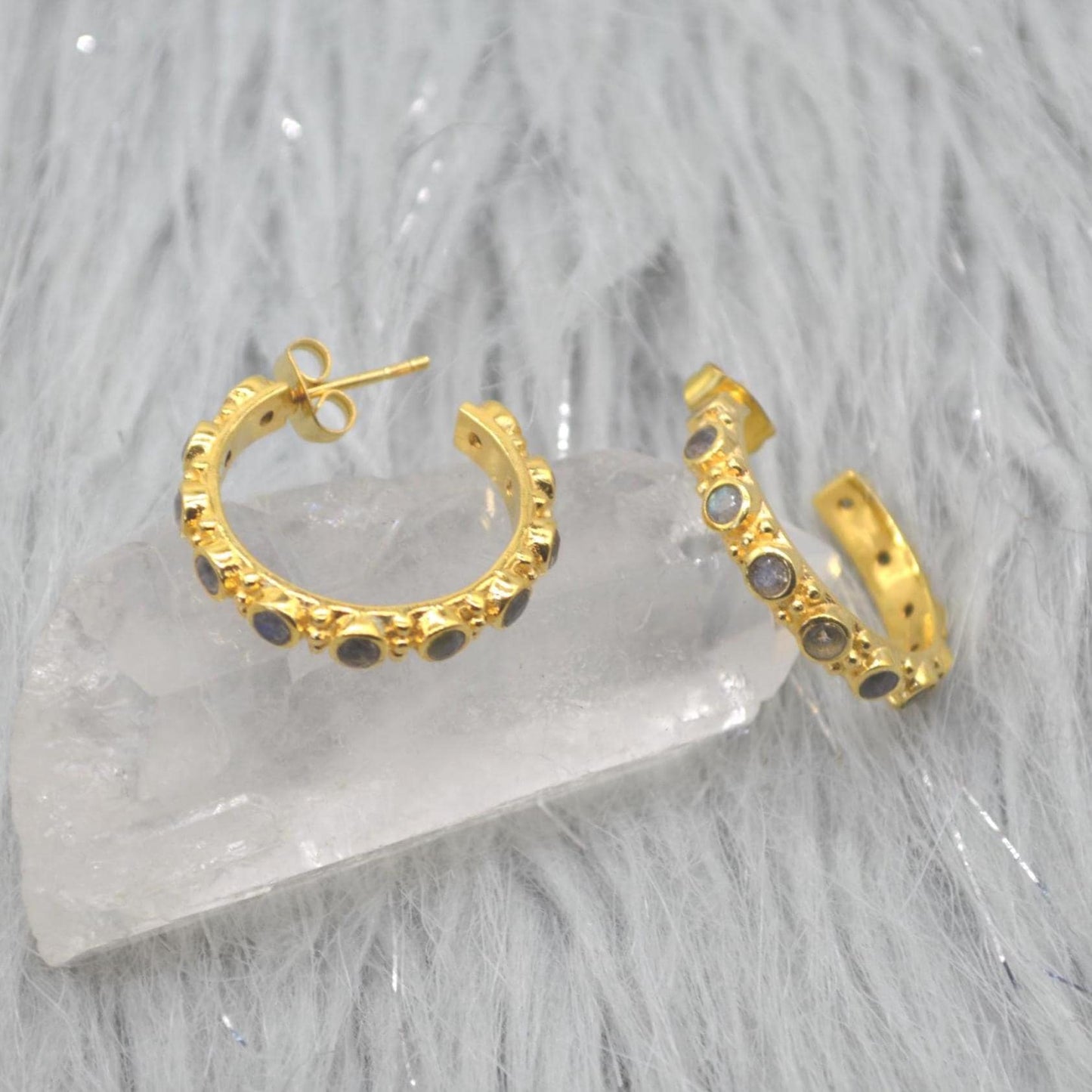 Labradorite Hoop Earrings: Silver or Gold, Blue Grey Gemstone Jewelry