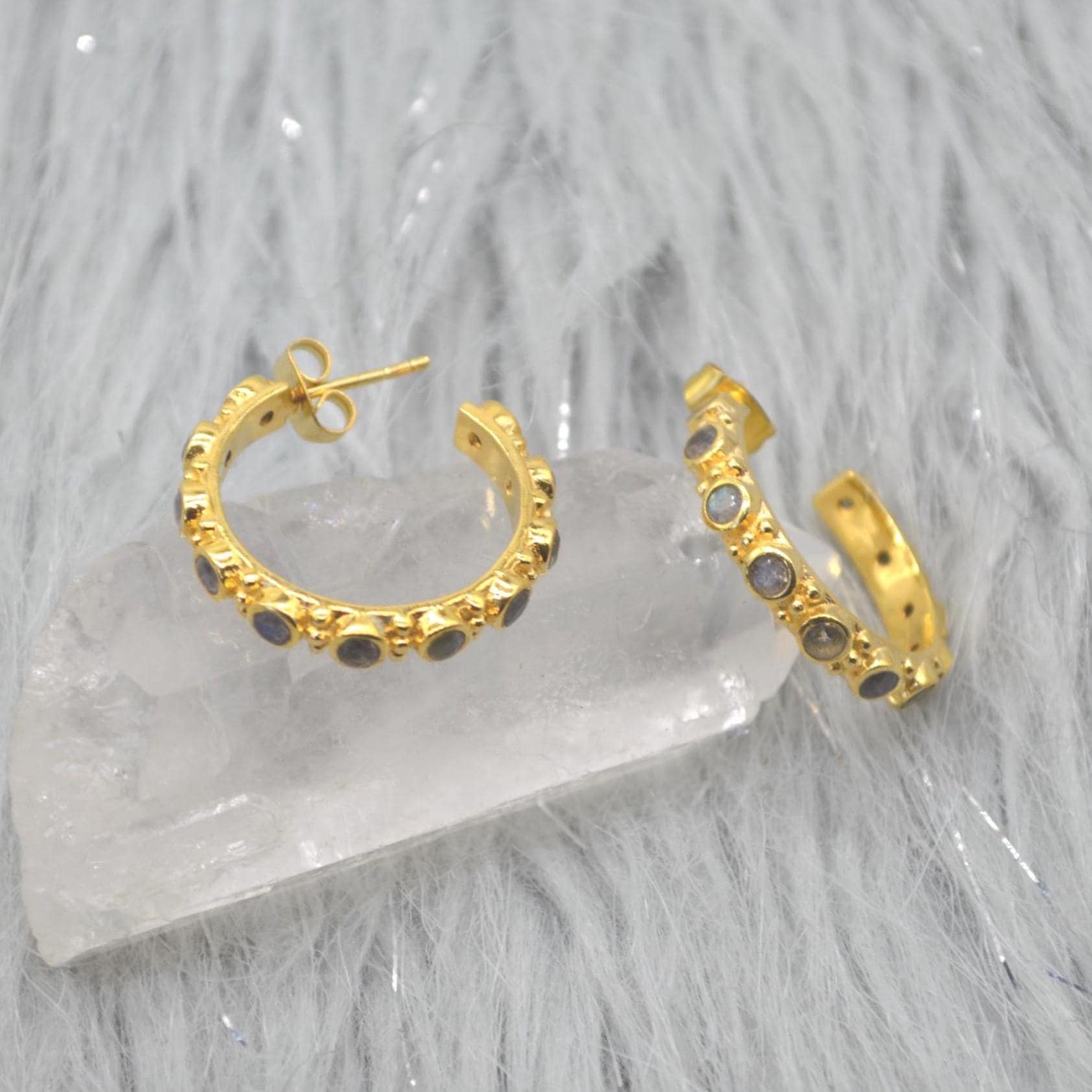 Labradorite Hoop Earrings: Silver or Gold, Blue Grey Gemstone Jewelry