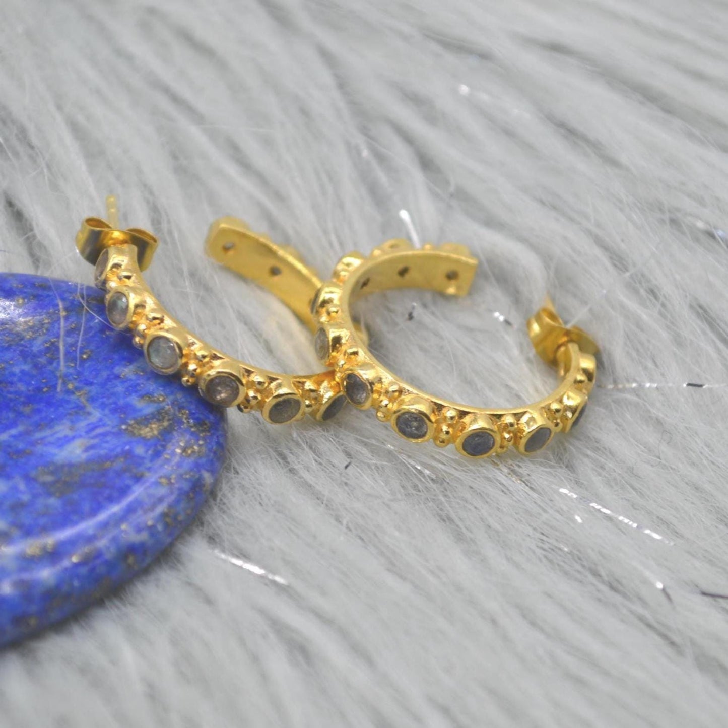 Labradorite Hoop Earrings: Silver or Gold, Blue Grey Gemstone Jewelry