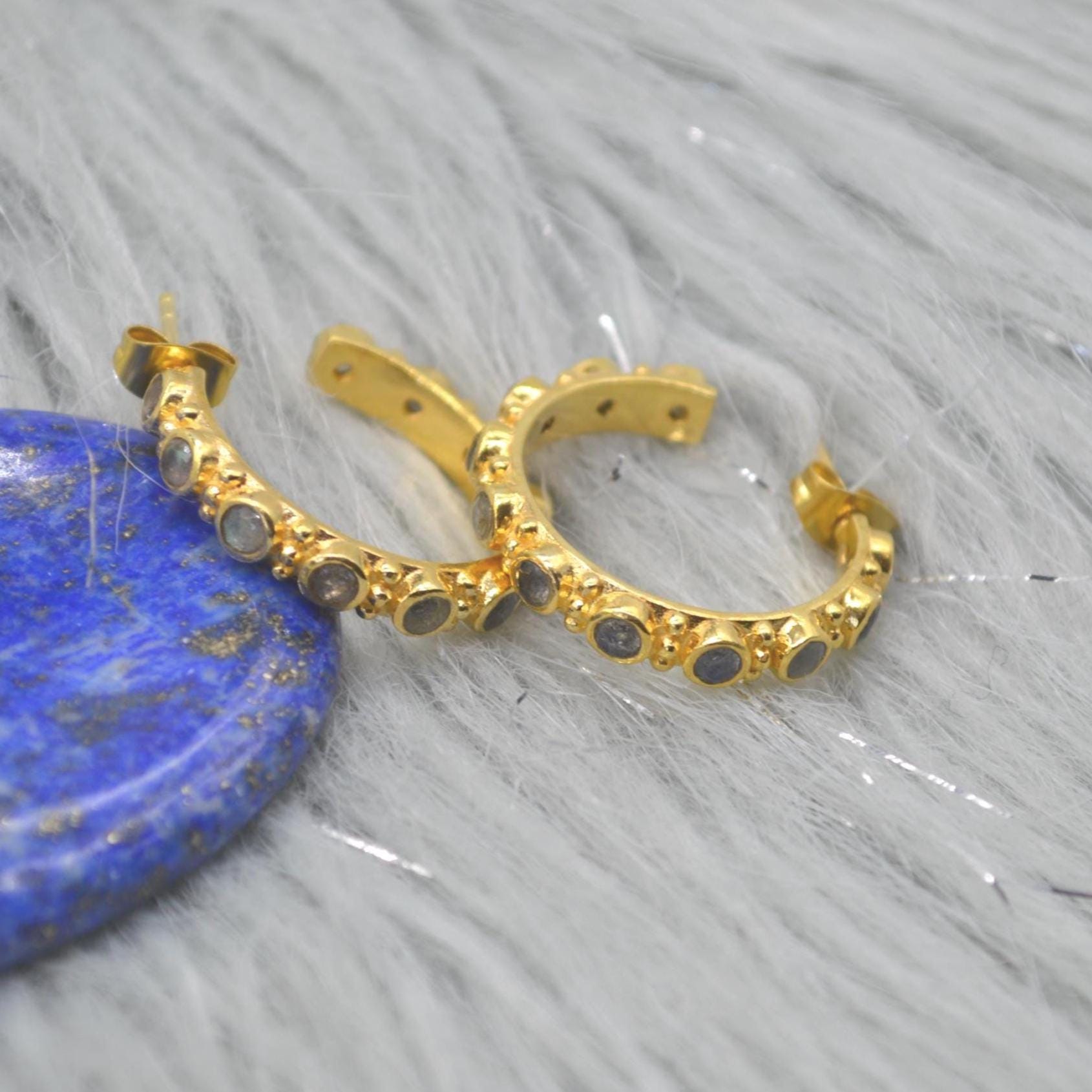 Labradorite Hoop Earrings: Silver or Gold, Blue Grey Gemstone Jewelry