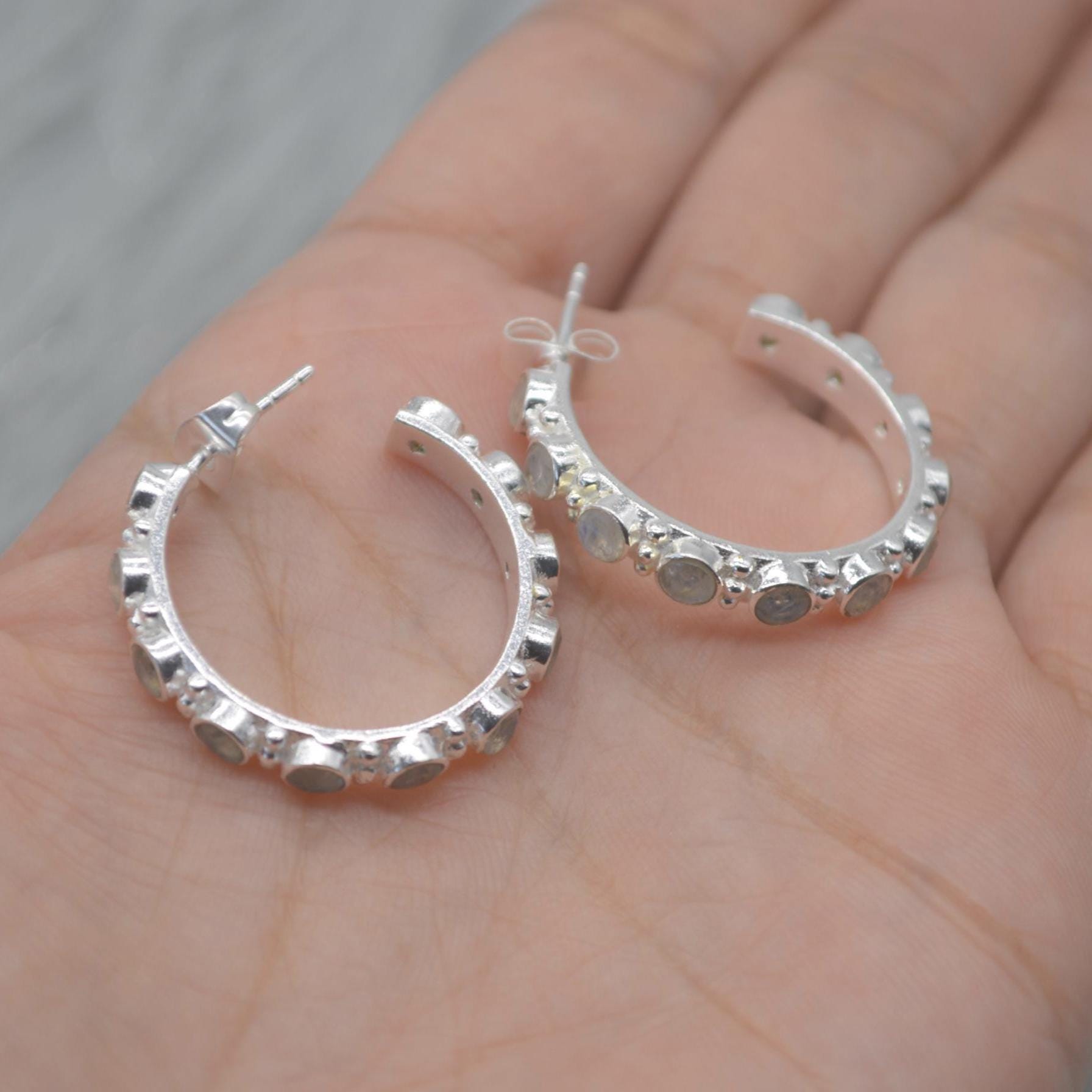 Labradorite Hoop Earrings: Silver or Gold, Blue Grey Gemstone Jewelry