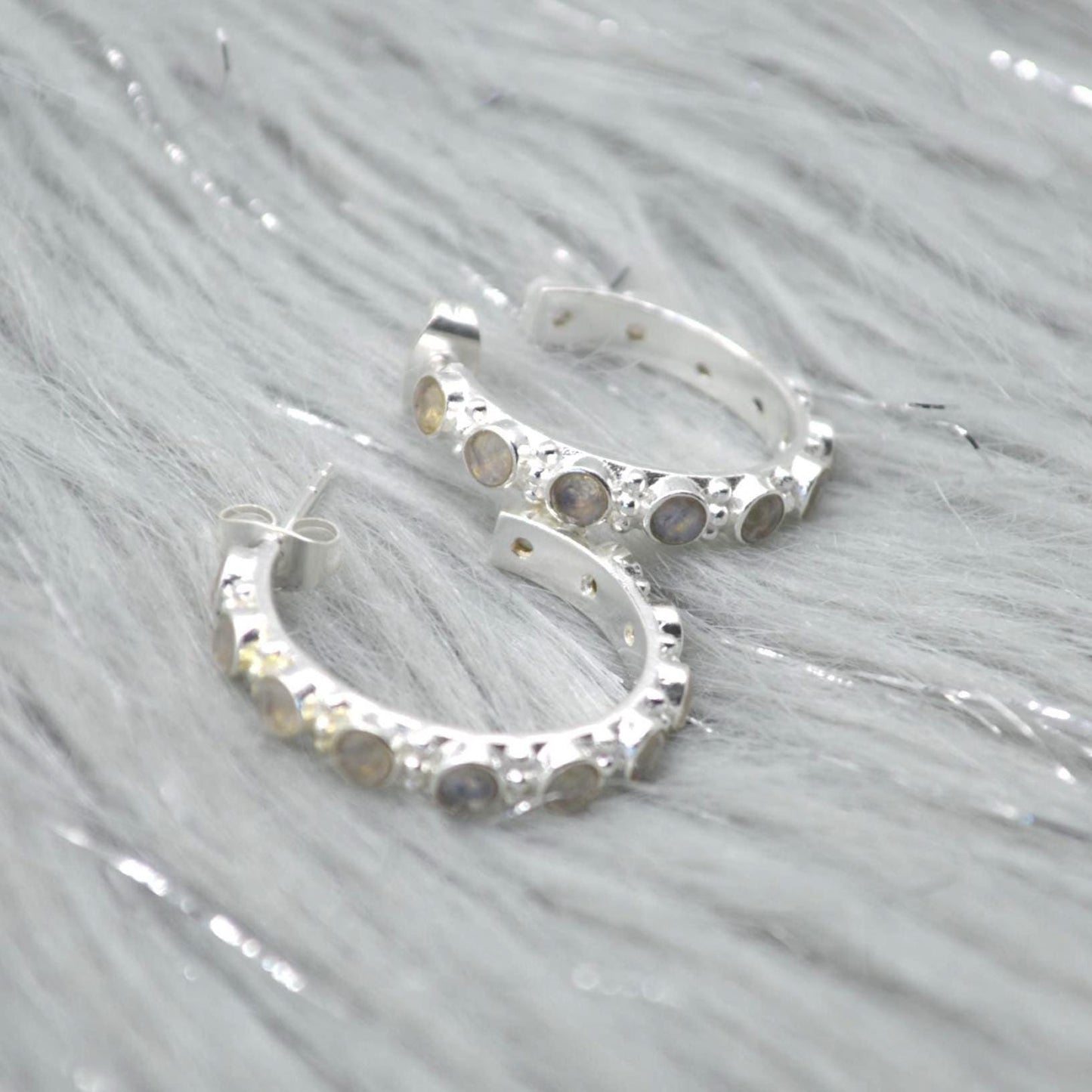 Labradorite Hoop Earrings: Silver or Gold, Blue Grey Gemstone Jewelry