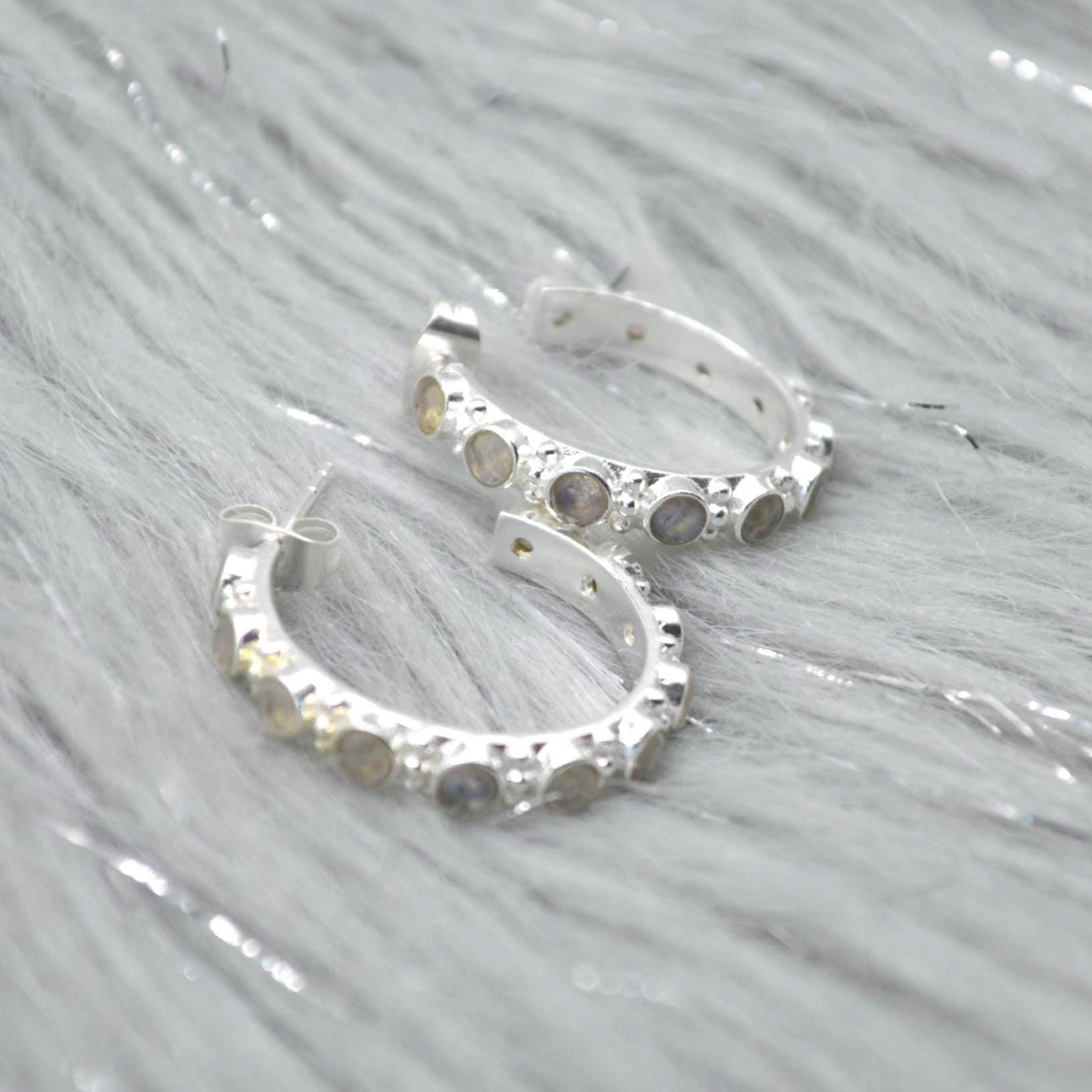 Labradorite Hoop Earrings: Silver or Gold, Blue Grey Gemstone Jewelry