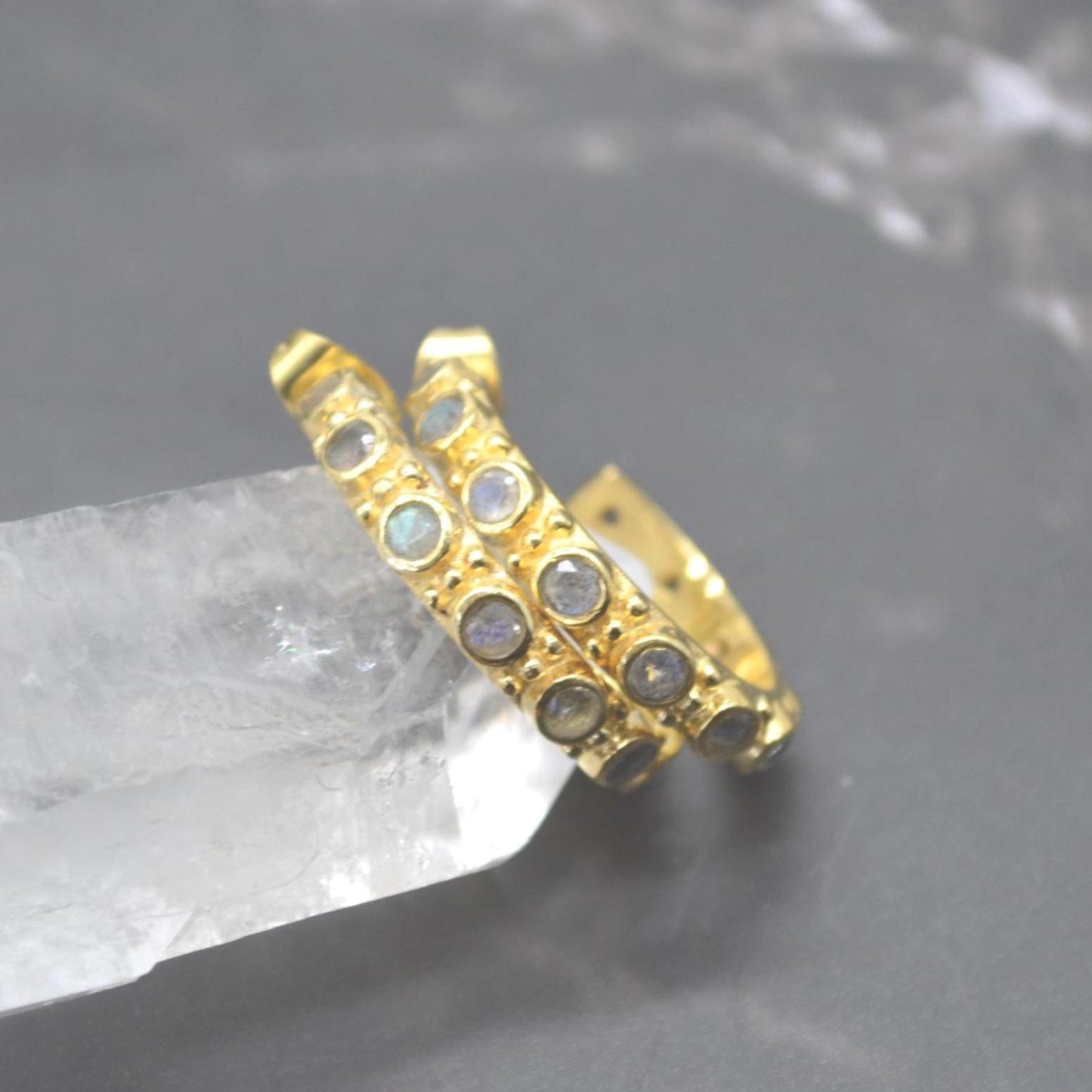 Labradorite Hoop Earrings: Silver or Gold, Blue Grey Gemstone Jewelry