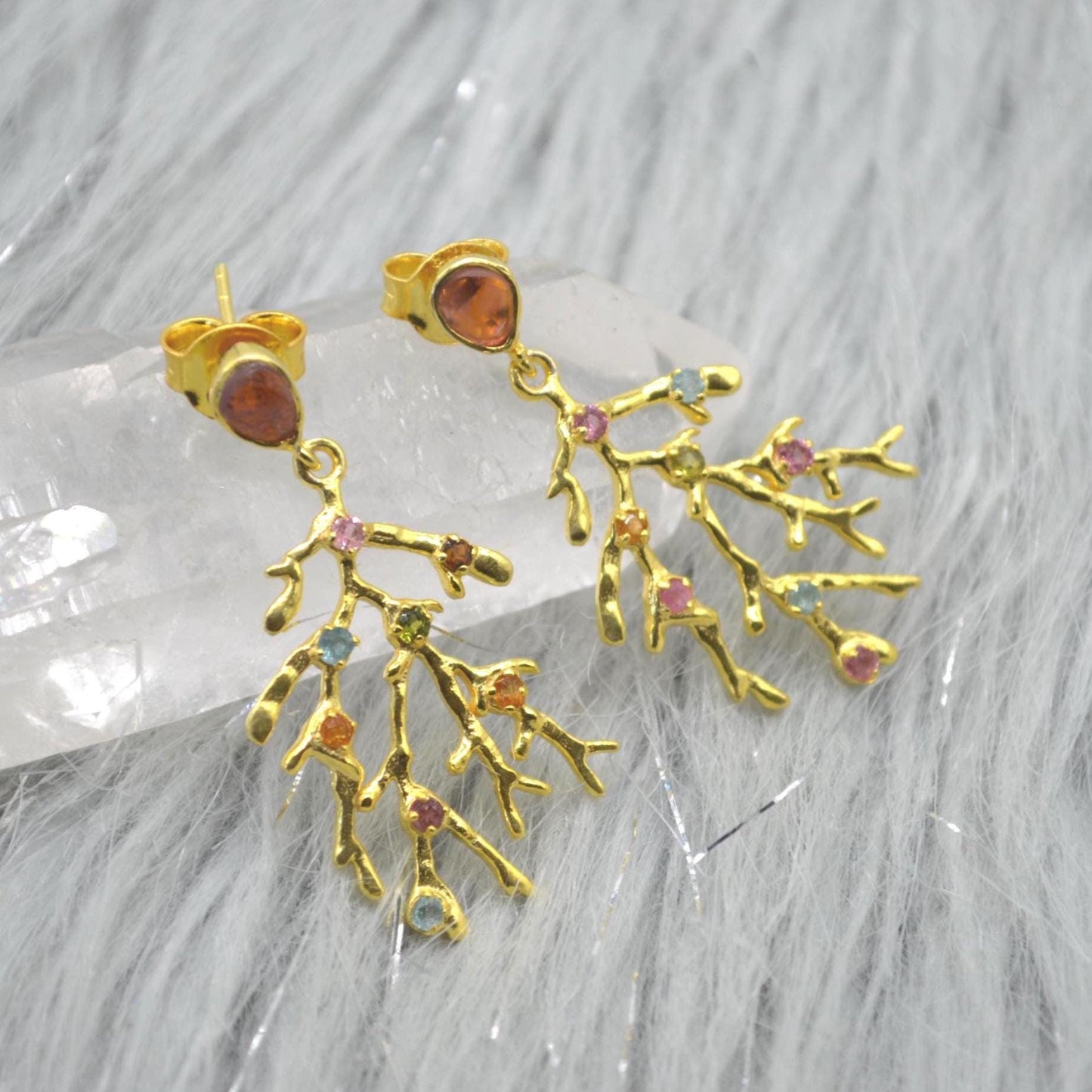 Green Pink Tourmaline Earrings: Gold Plated Sterling Silver, October Birthstone Jewelry