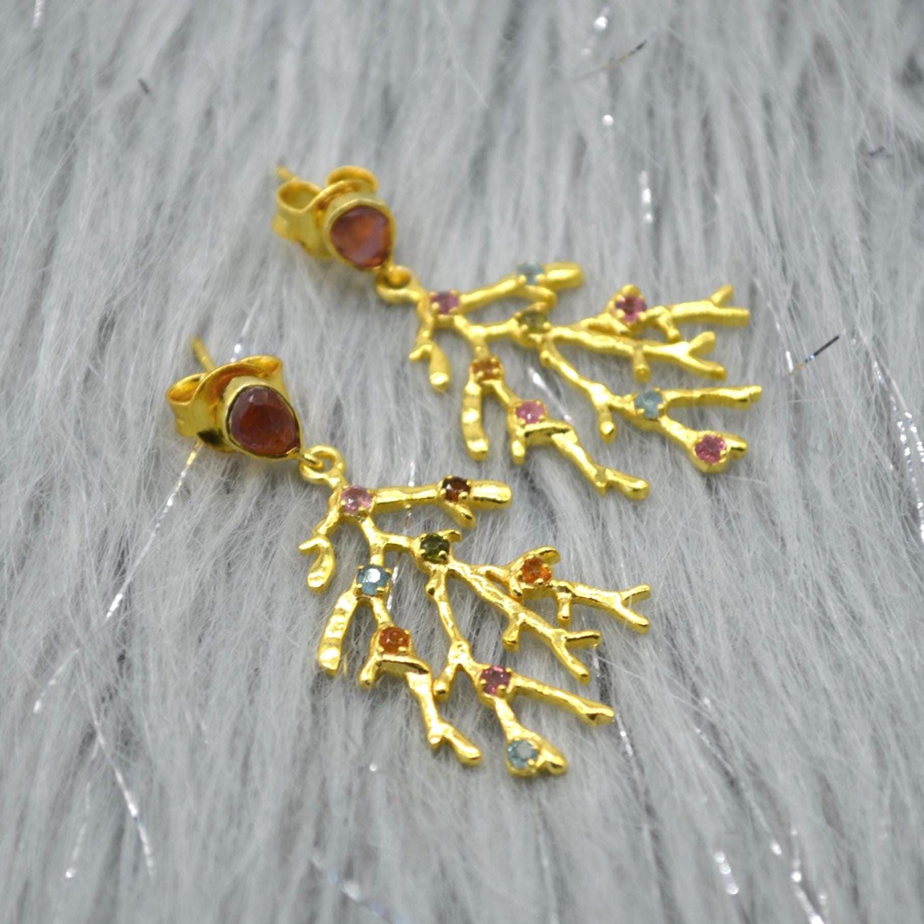 Green Pink Tourmaline Earrings: Gold Plated Sterling Silver, October Birthstone Jewelry