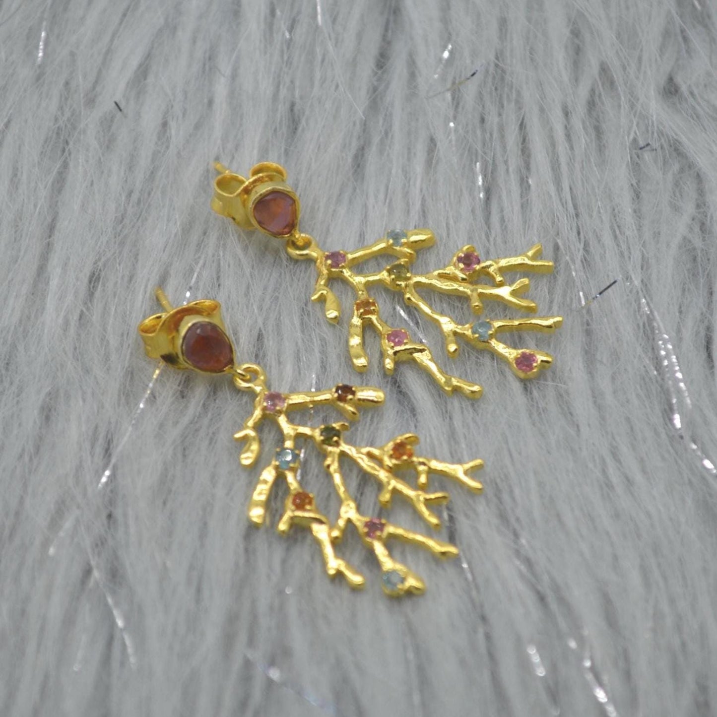 Green Pink Tourmaline Earrings: Gold Plated Sterling Silver, October Birthstone Jewelry