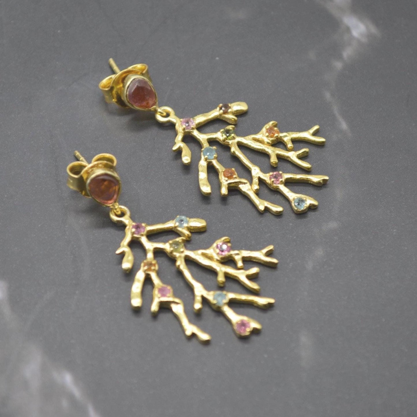 Green Pink Tourmaline Earrings: Gold Plated Sterling Silver, October Birthstone Jewelry