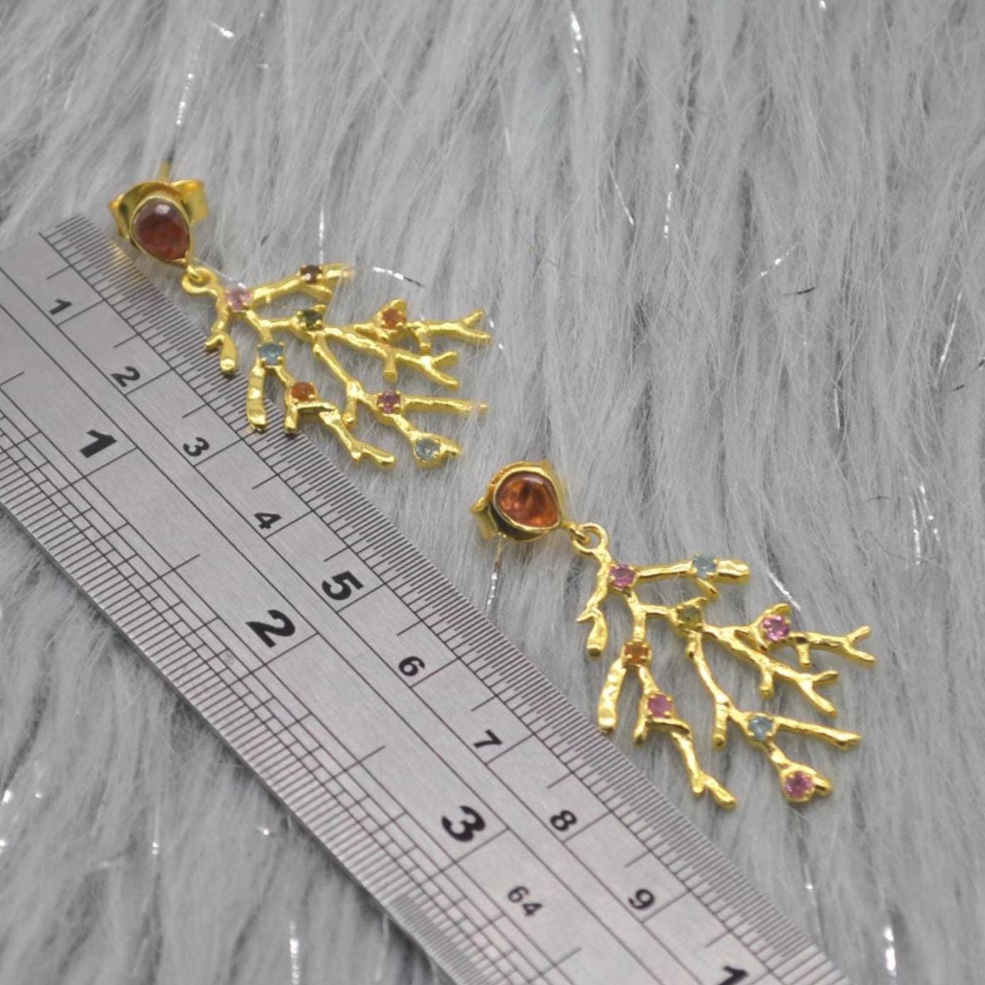 Green Pink Tourmaline Earrings: Gold Plated Sterling Silver, October Birthstone Jewelry