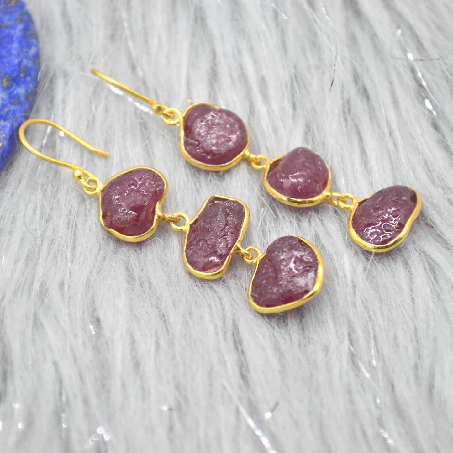 Red Raw Ruby Earrings: Gold Plated Silver, Gemstone Jewelry, July Birthstone